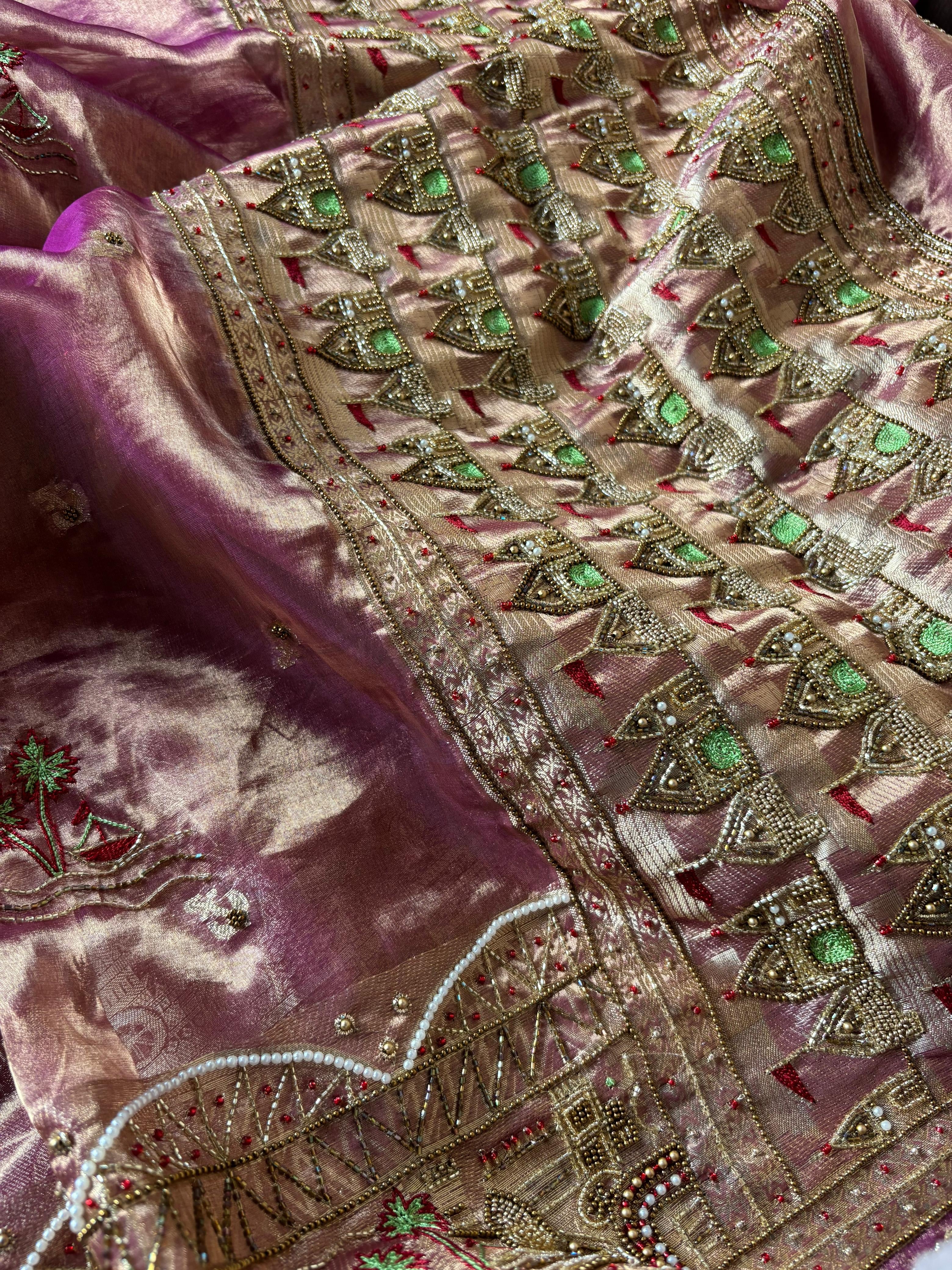 Gangakinare edit lotus purple tissue silk hand embroidered kadhwa saree