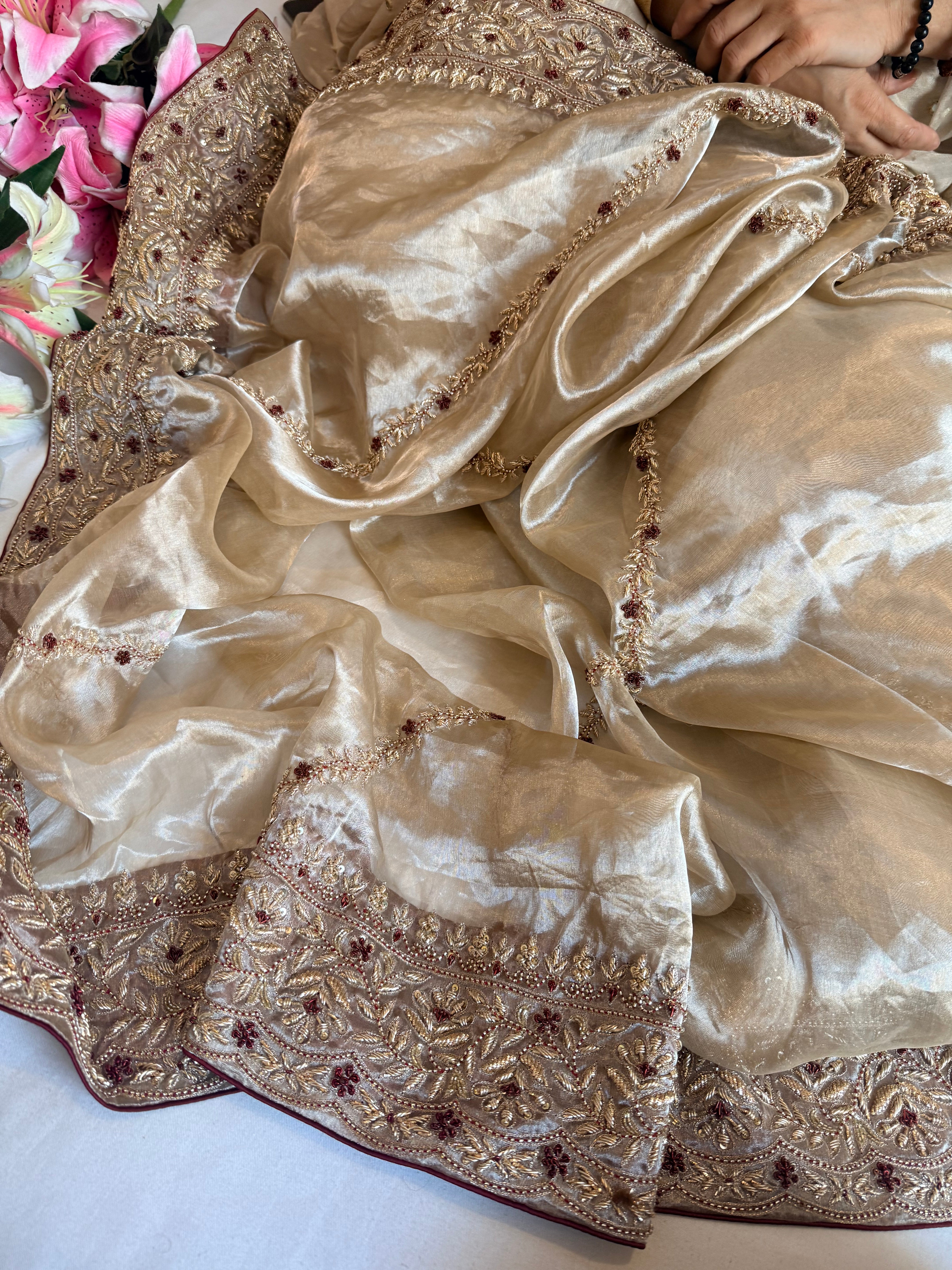 Silsila diamond tissue silk zardozi work hand embroidered kadhwa saree