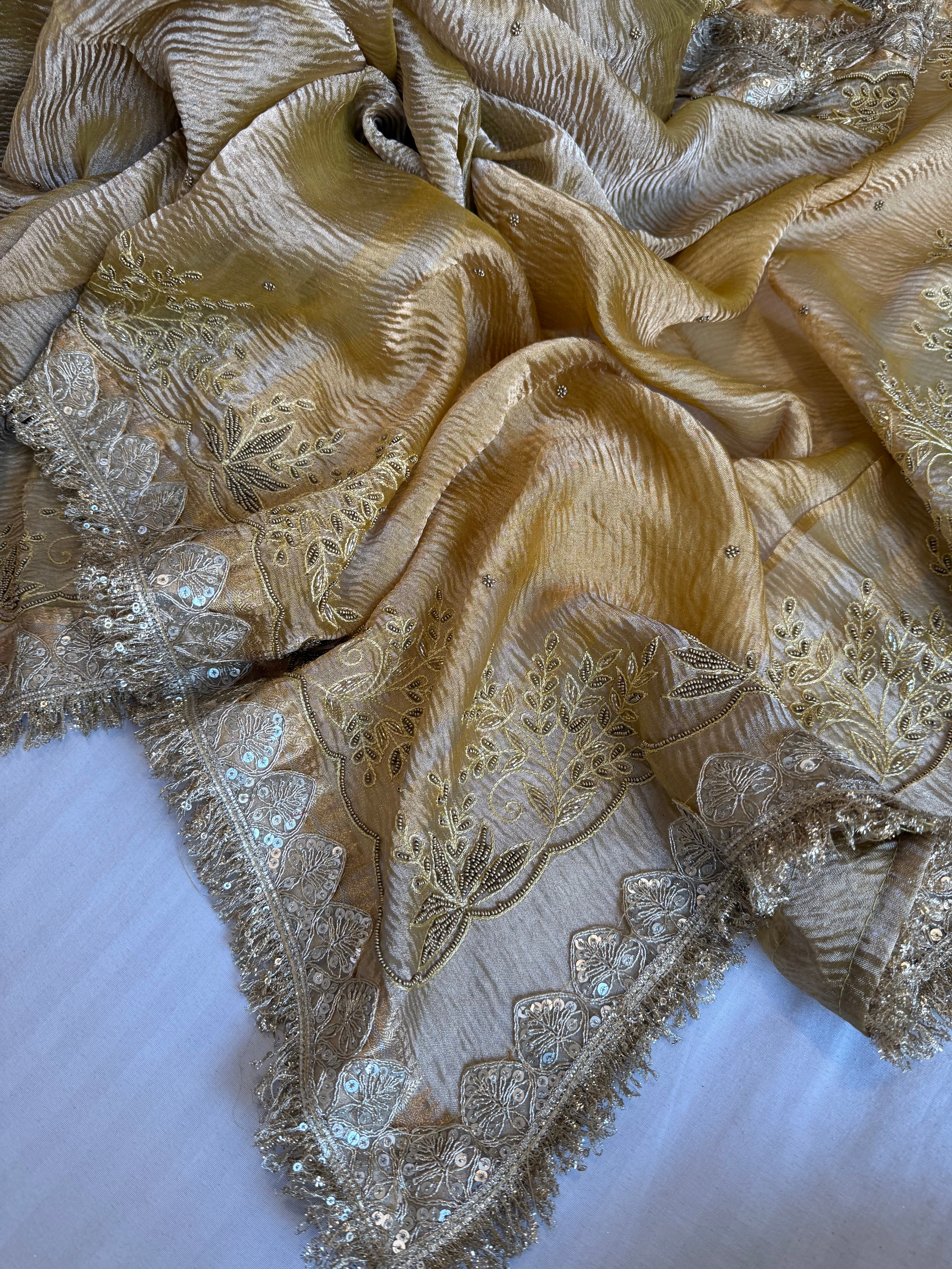 Olive gold crushed tissue silk hand embroidered kadhwa saree