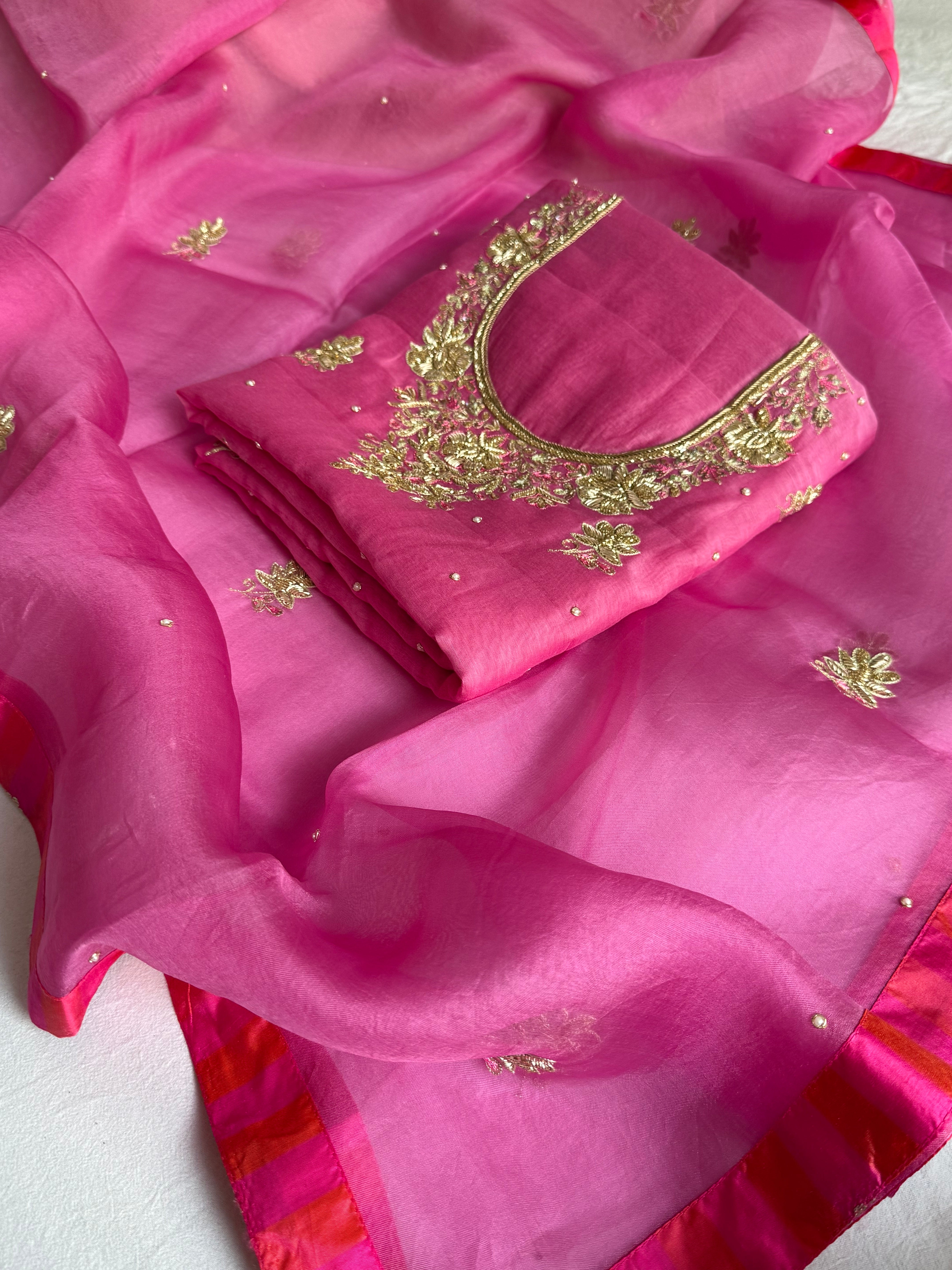 Banarasi formal wear mul cotton candy pink hand embroidered kurta paired with kora silk banarasi border duppata set