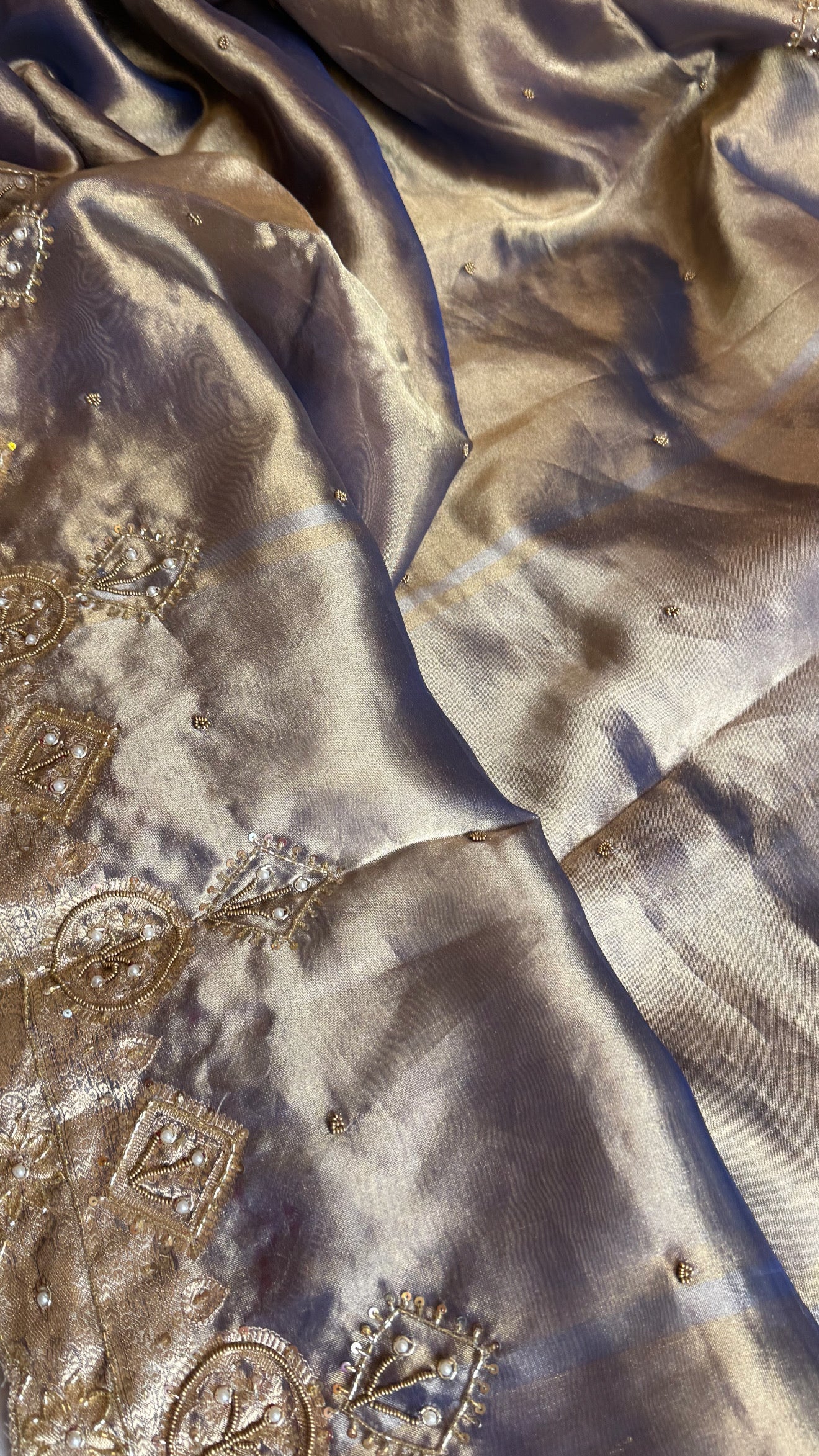Husn persian blue tissue silk heavy hand embroidered zardozi saree