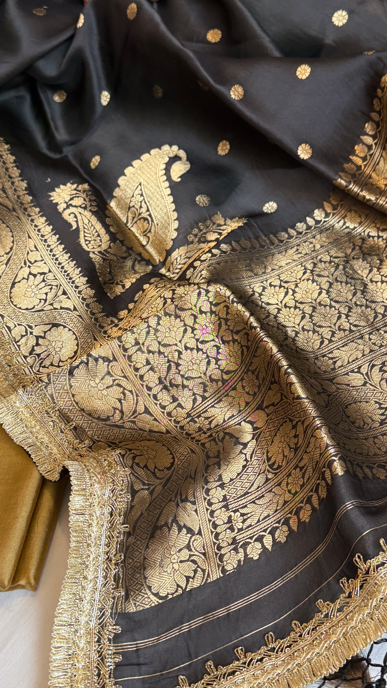 Banarasi olive-gold black combination kohniya buti silk suit sets