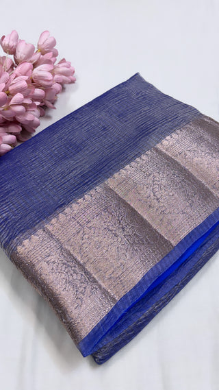 Pure banarasi ink blue crushed tissue silk handwoven kadhwa saree with intricate border and kadhwa blouse