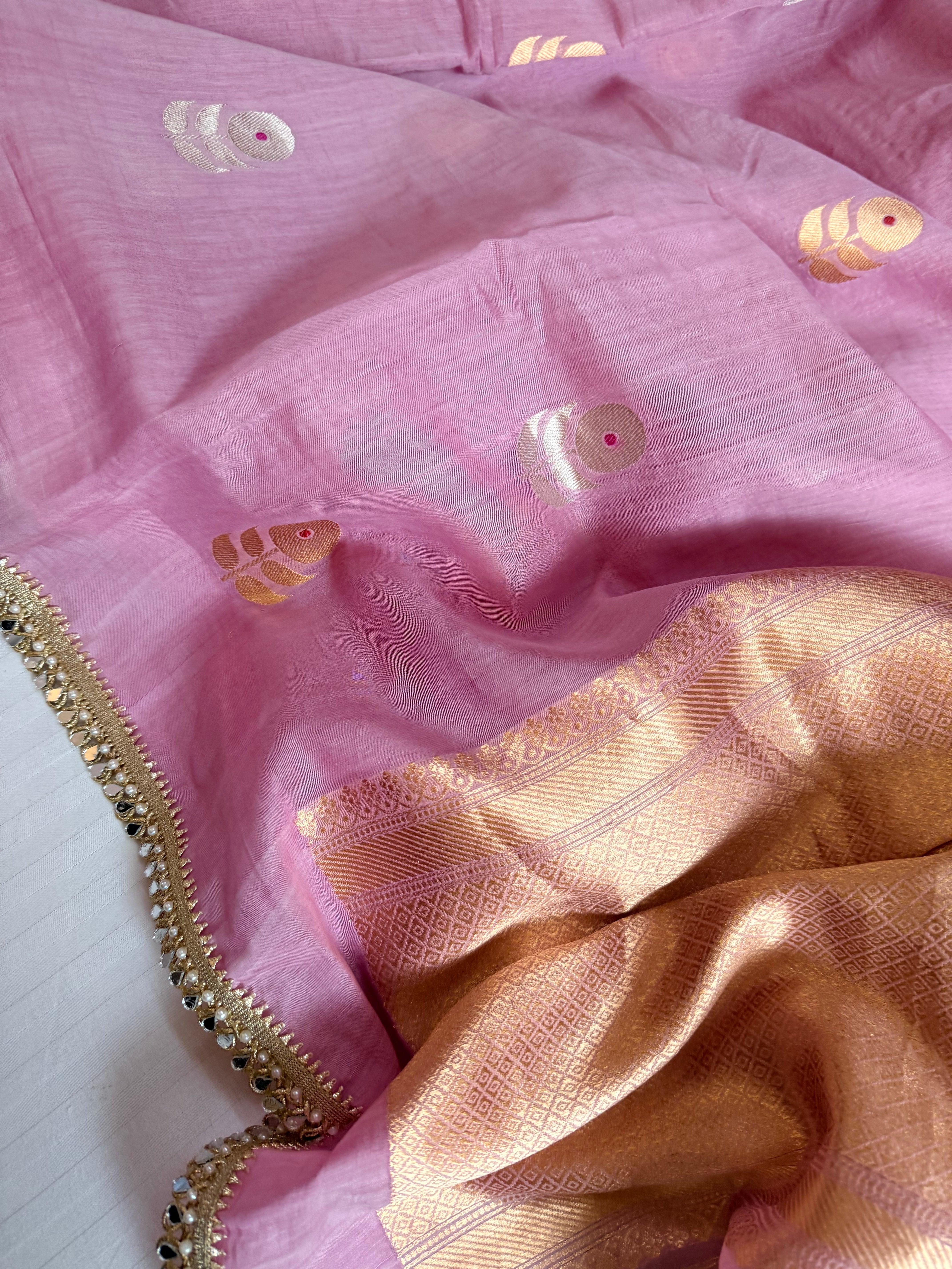 Handloom mulmul cotton silk sarees with lampi gota border