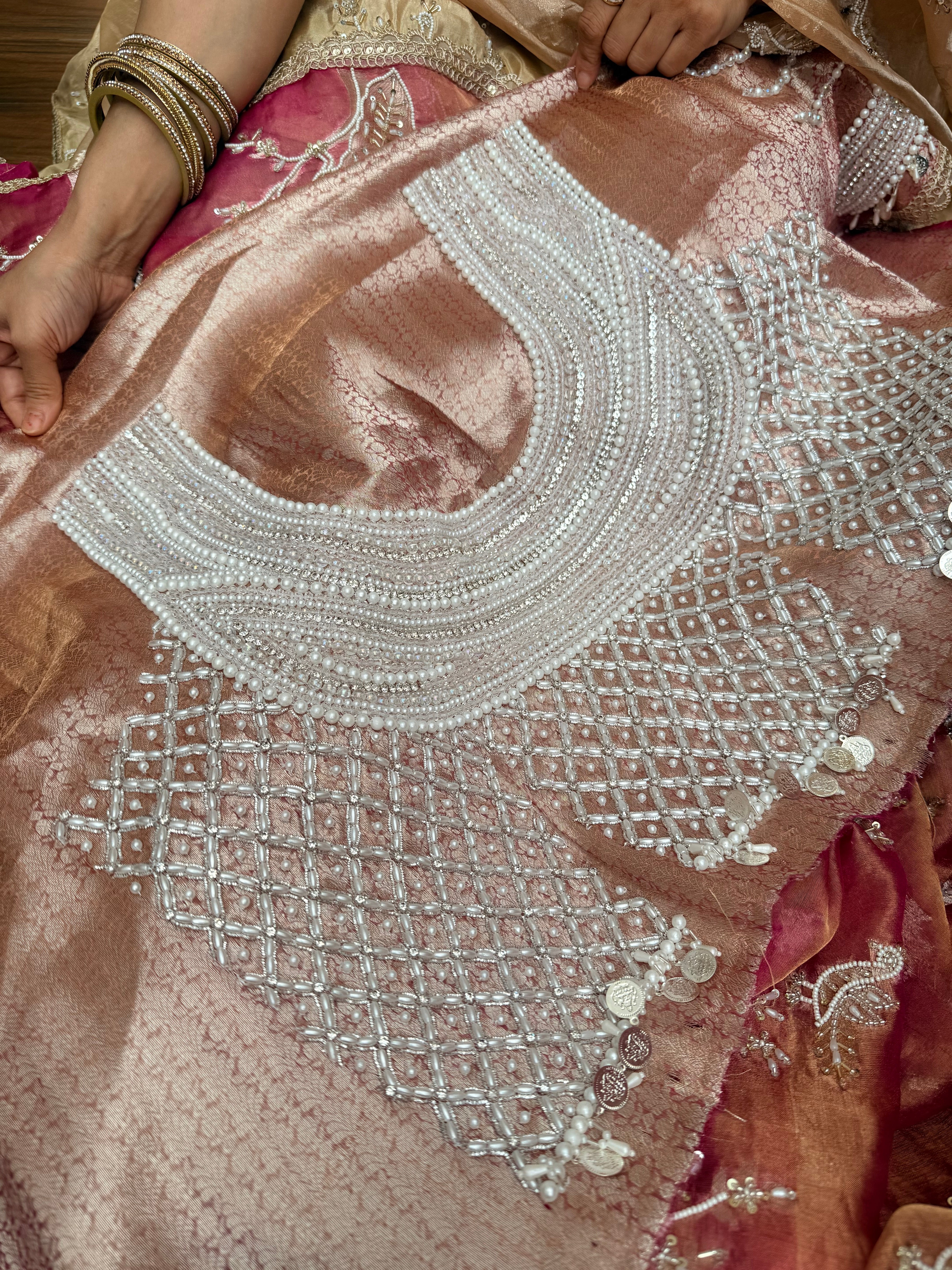 Tyohaar edit - Pearlwork morni hand embroidered tissue silk kadhwa saree