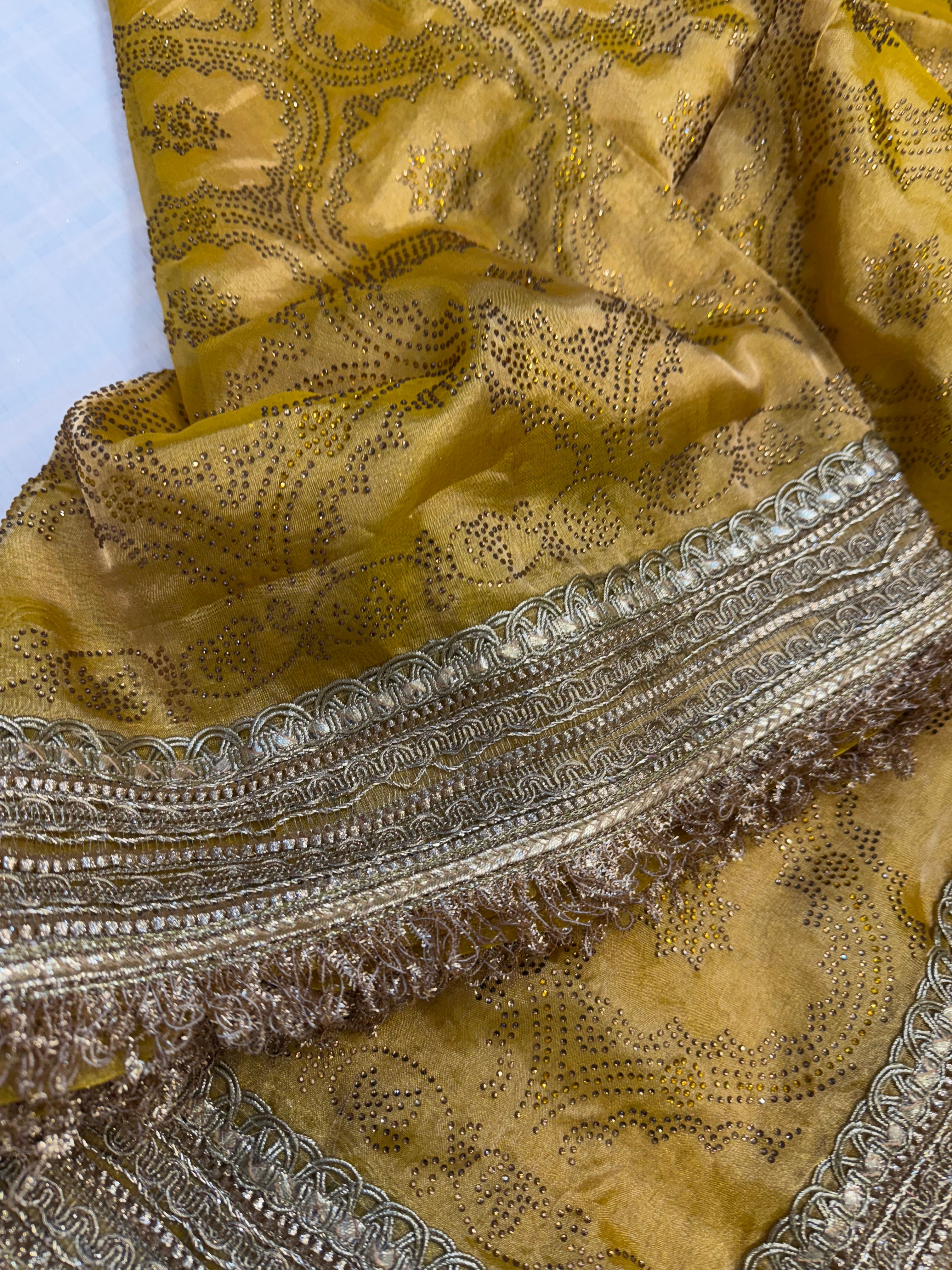 Sitara stonework haldi yellow tissue silk gotapatti saree