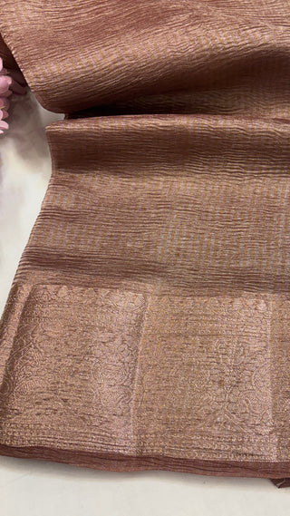 Pure banarasi english brown crushed tissue silk handwoven kadhwa saree with intricate border and kadhwa blouse