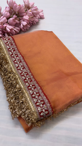 Noor coral orange tissue silk saree