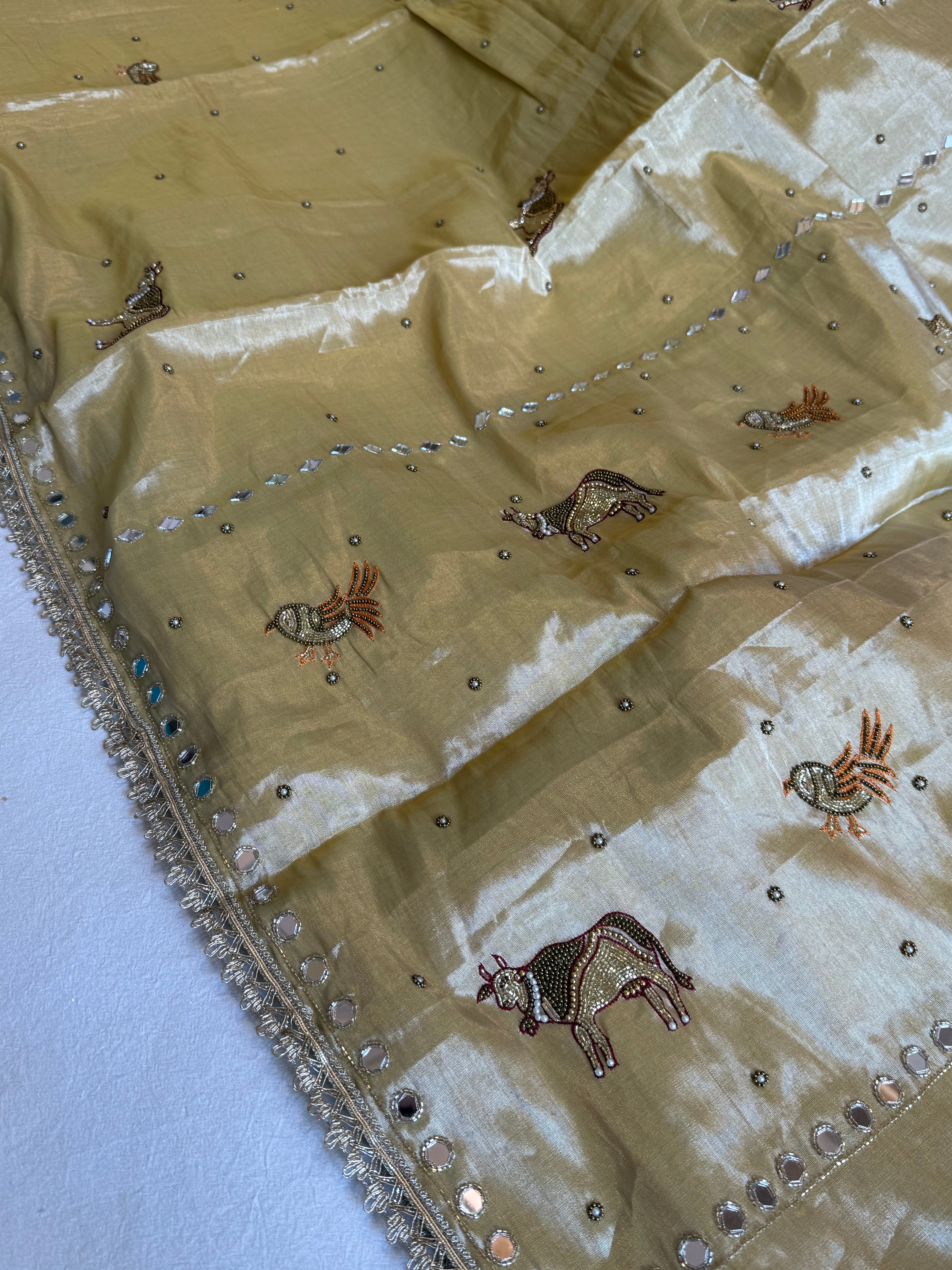 Satin tissue silk ivory gold hand embroidered kadhwa saree