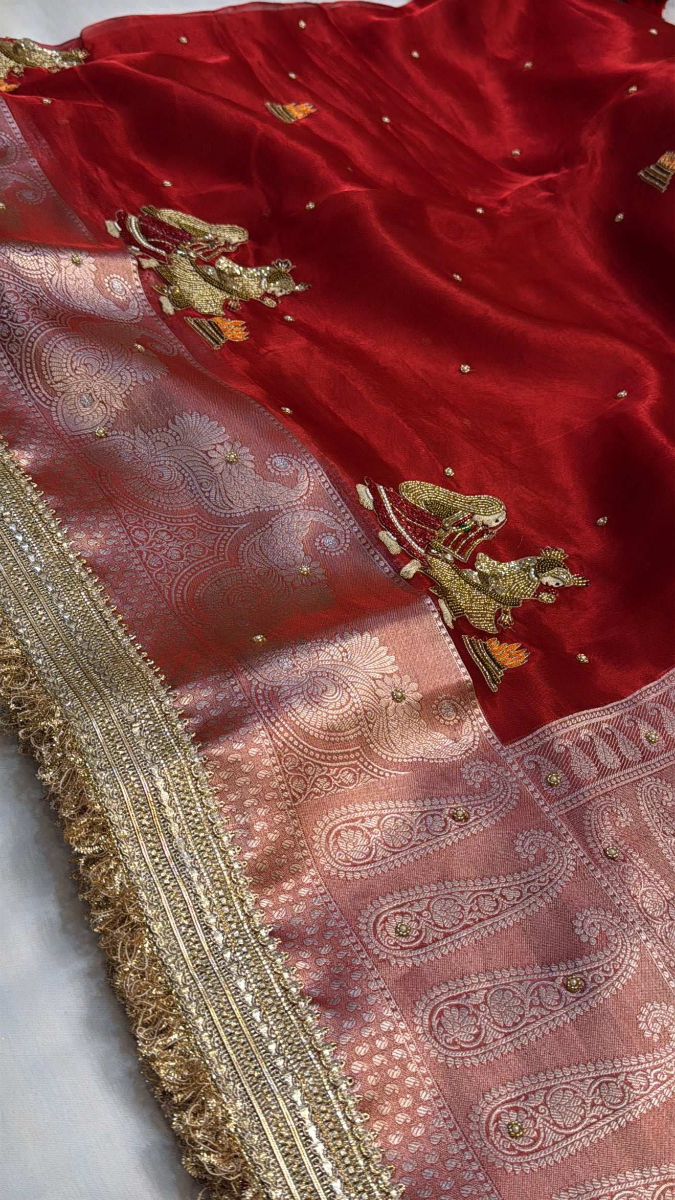 Dulhan ka joda husn red tissue silk hand embroidered saree