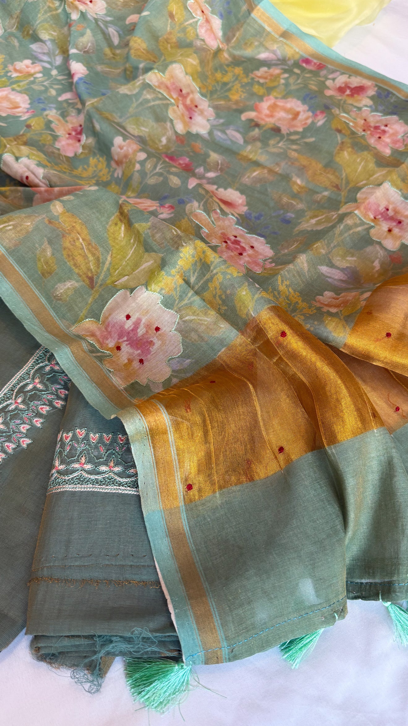 Mint green resham hand embroidered mul cotton suit set