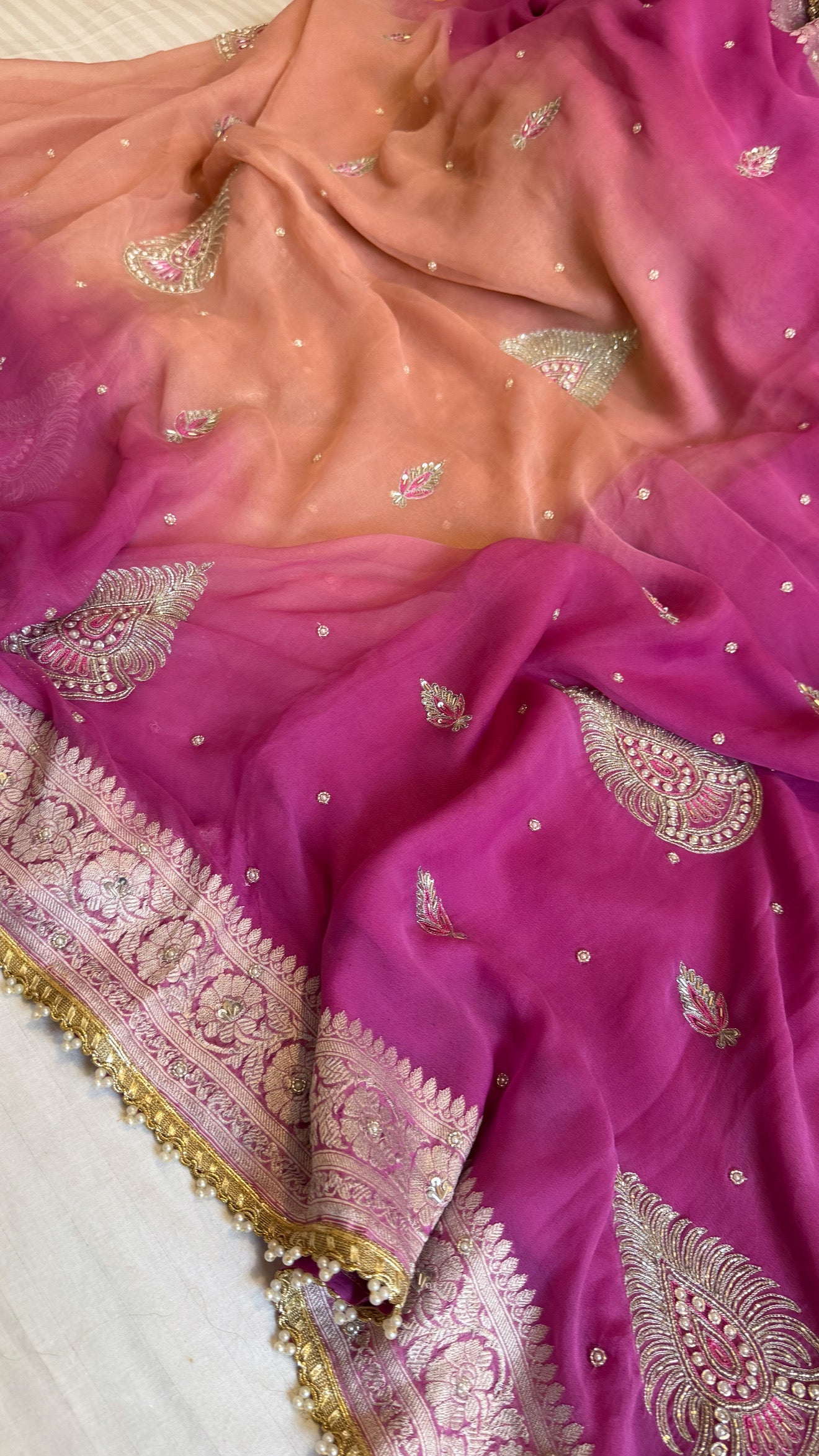 Paro banarasi chiffon gorgette hand embroidered kadhwa saree