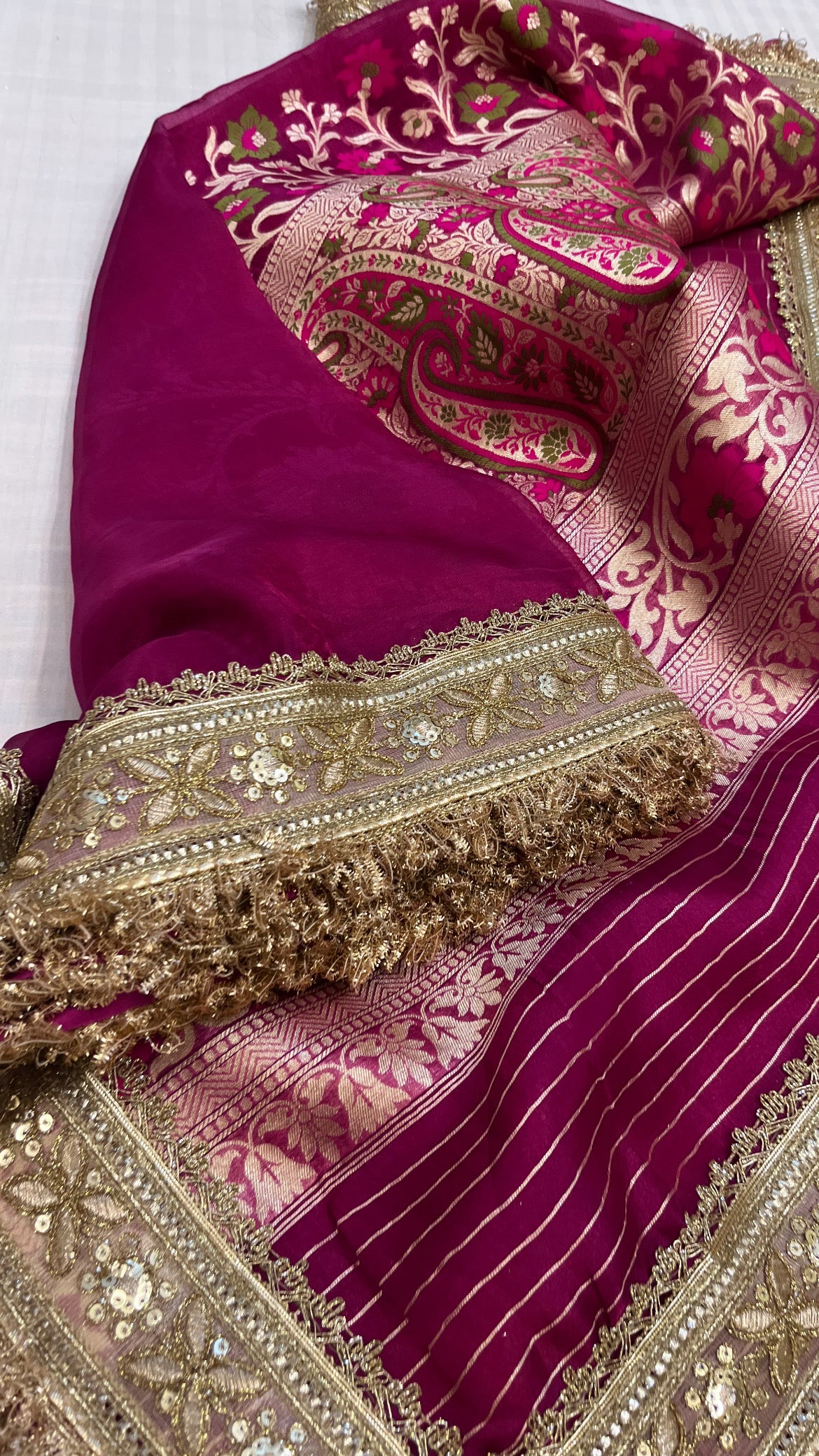 Maharani cranberry pink tissue tanchoi jamevar meenkari saree