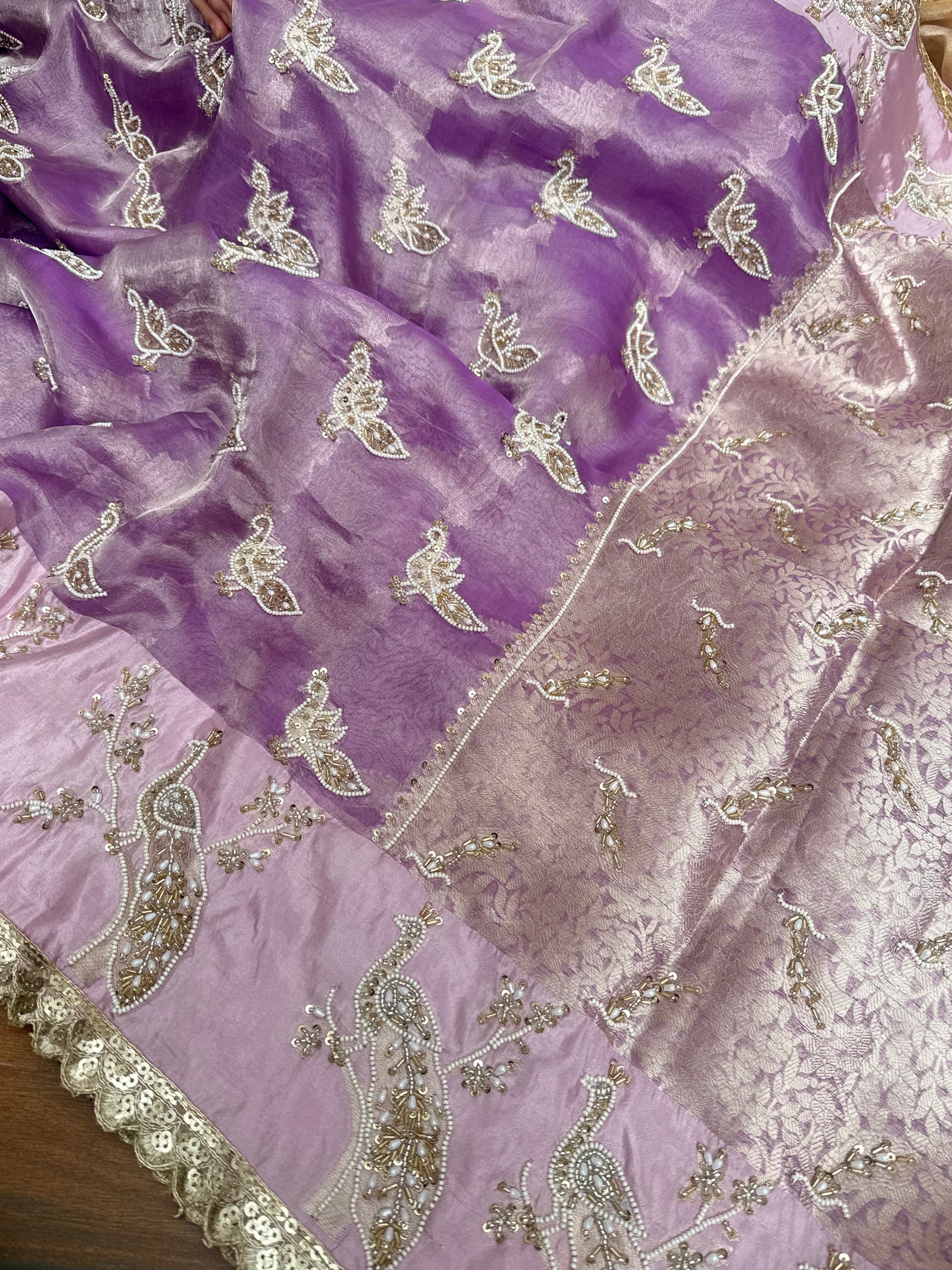 Tyohaar edit - Pearlwork morni hand embroidered tissue silk kadhwa saree