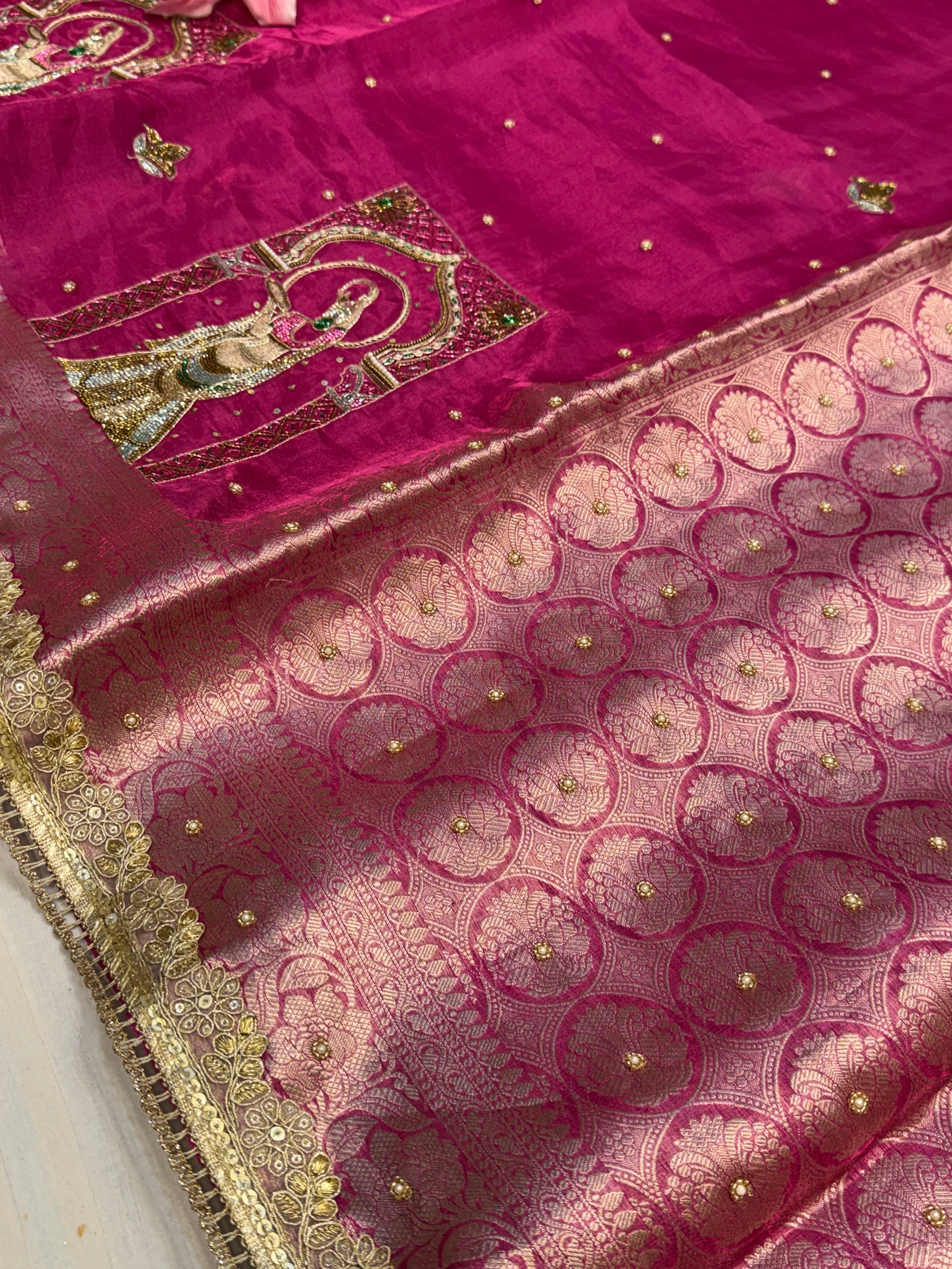 Karwachauth special - Hot metallic pink tissue silk hand embroidered kadhwa saree