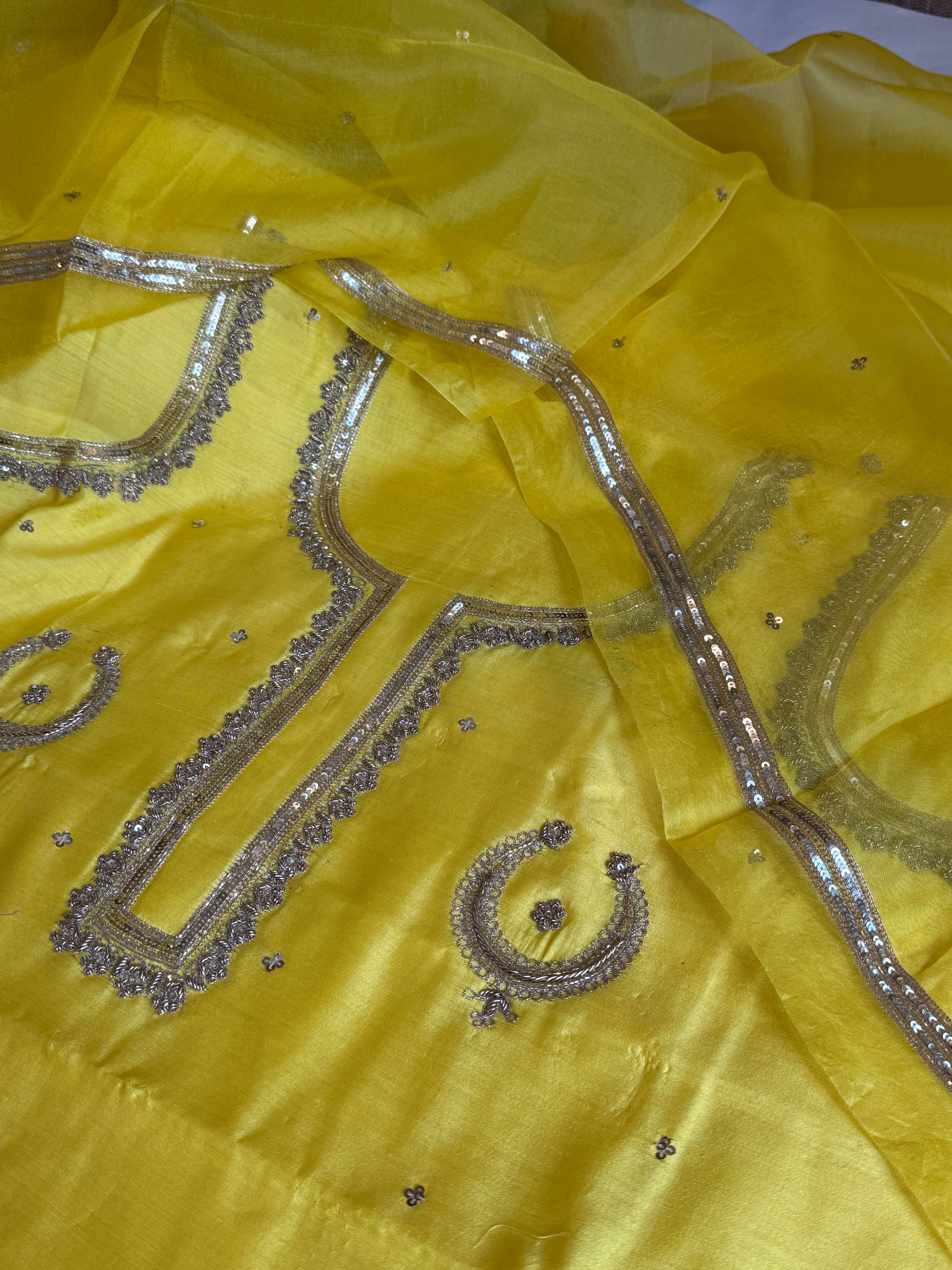 Nimbu yellow chand-buta chiniya silk kadhwa hand embroidered kurta paired with kora silk hand embroidered duppata set