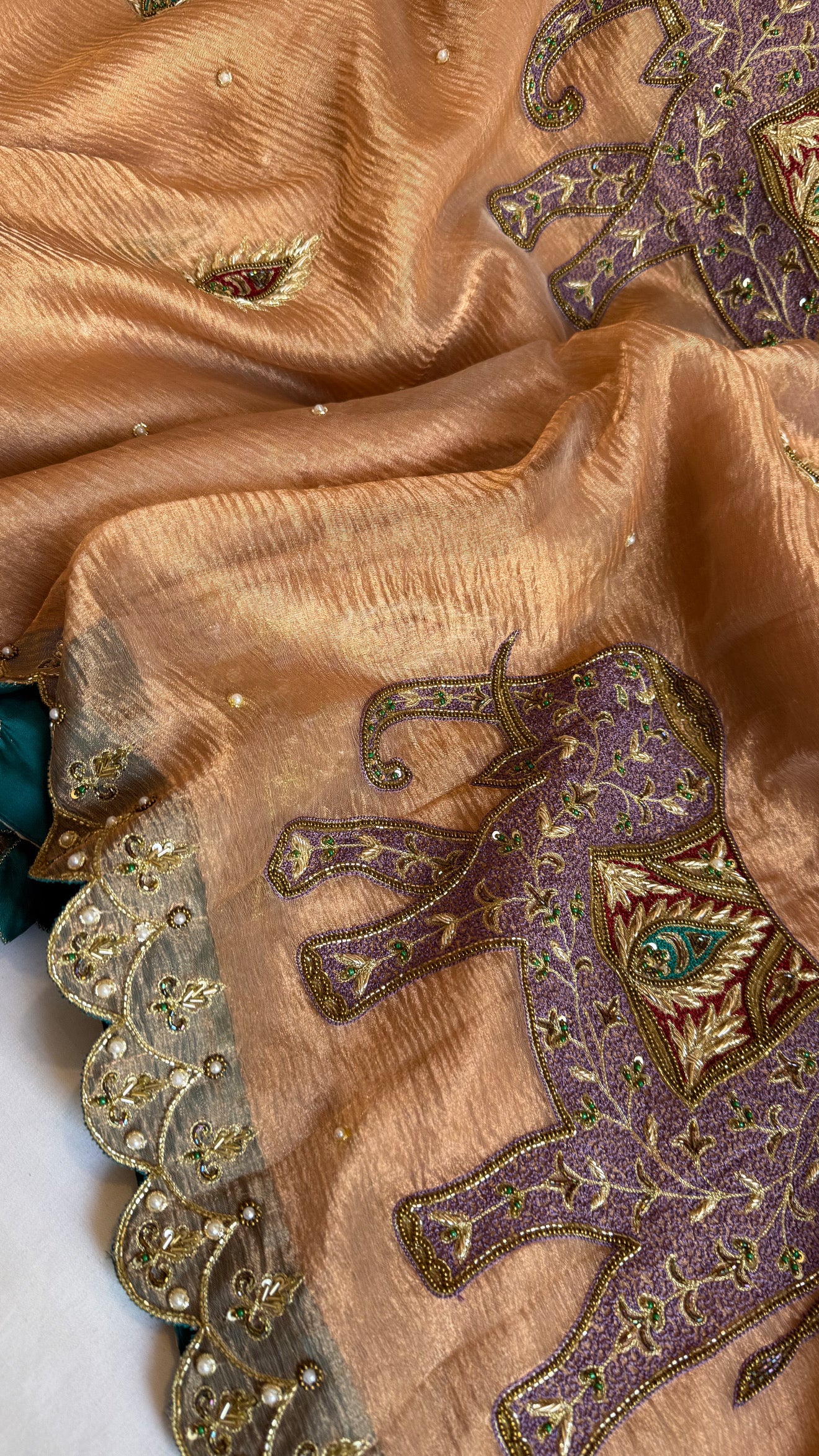 Gajgamini crushed copper tissue silk elephant meenakari motif heavy hand embroidered saree