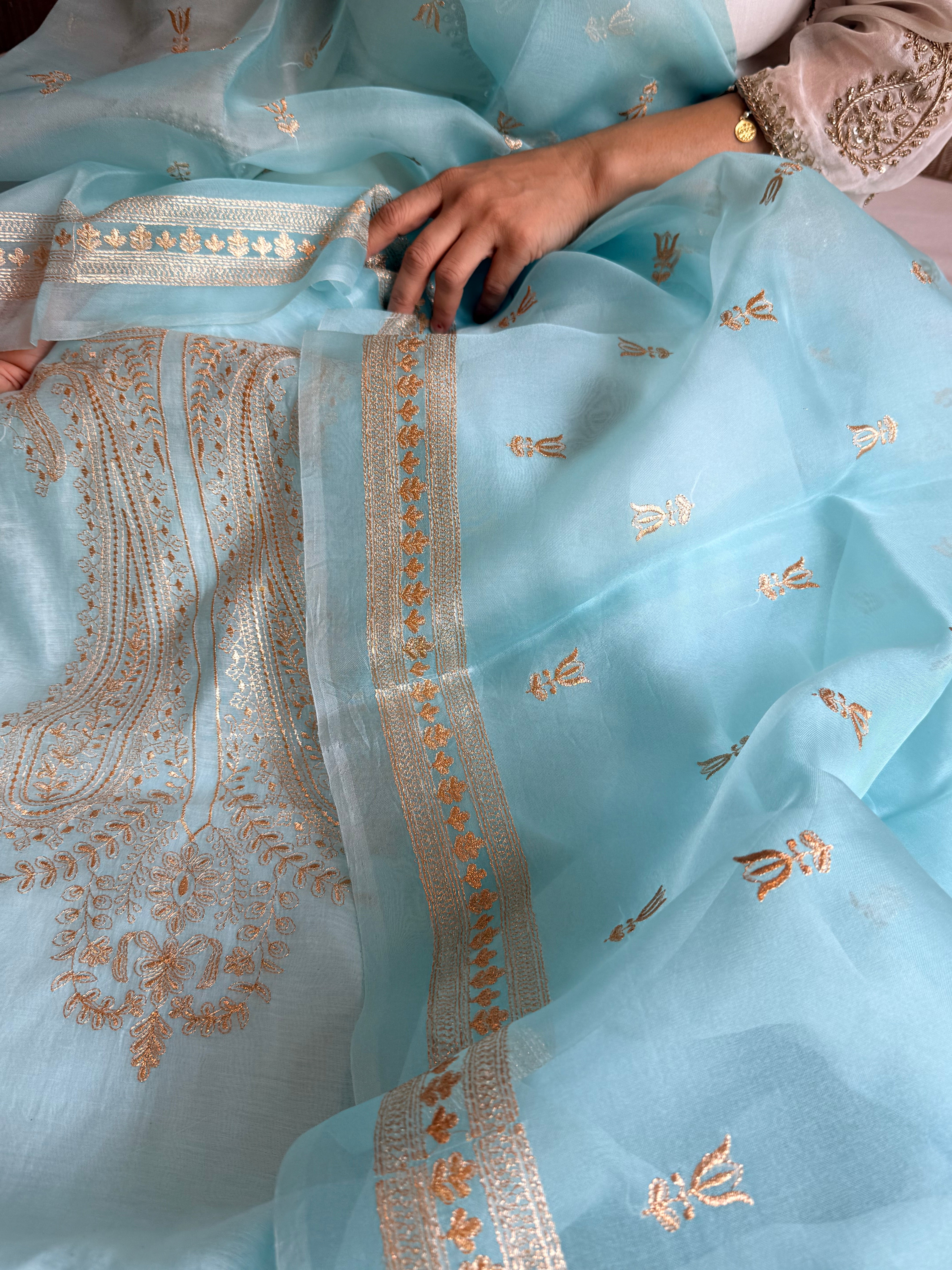 Mul cotton aariwork hand embroidered banarasi suit set