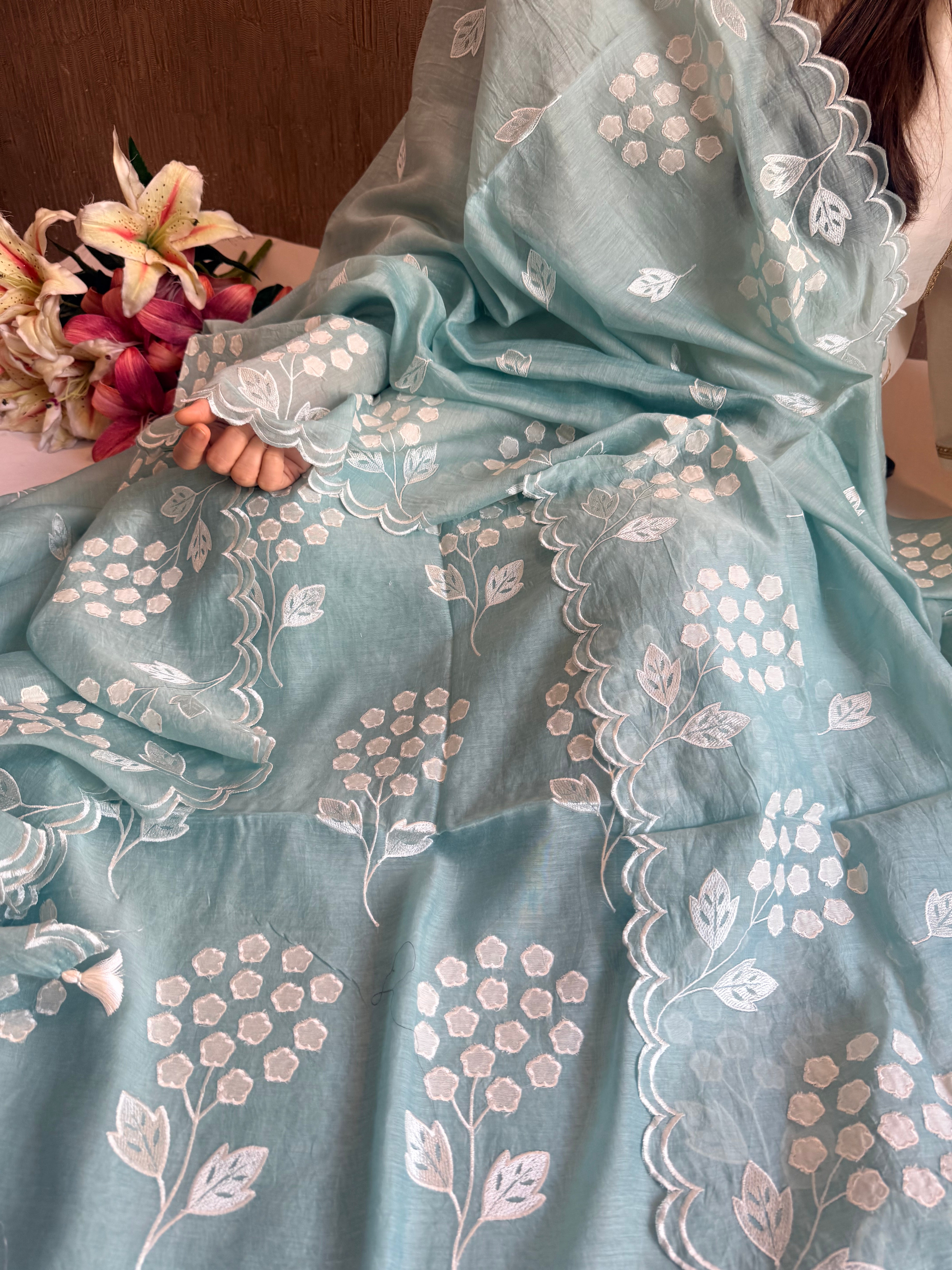Alia bhatt inspired banarasi mulmul appliqué work suit set