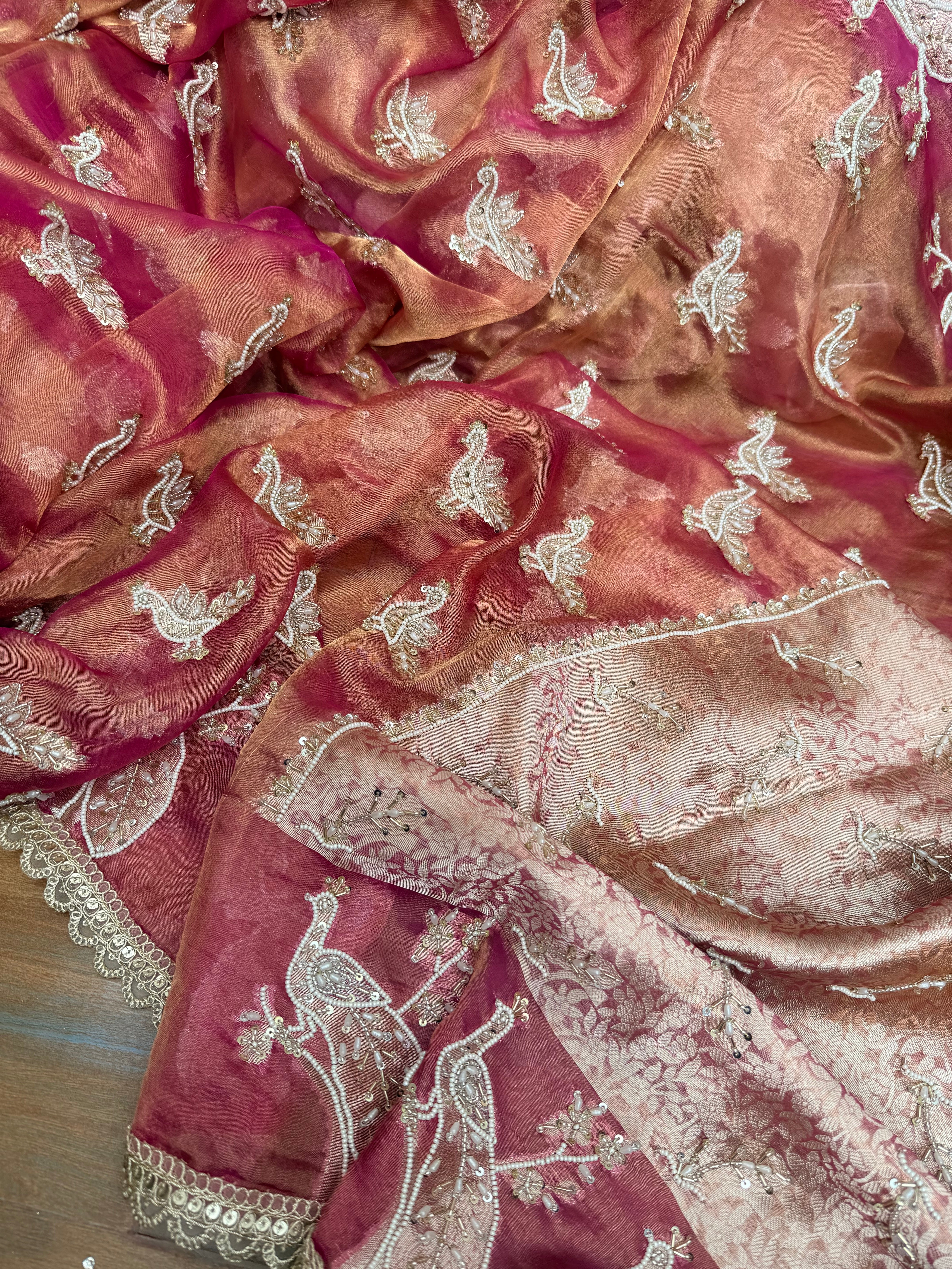Tyohaar edit - Pearlwork morni hand embroidered tissue silk kadhwa saree