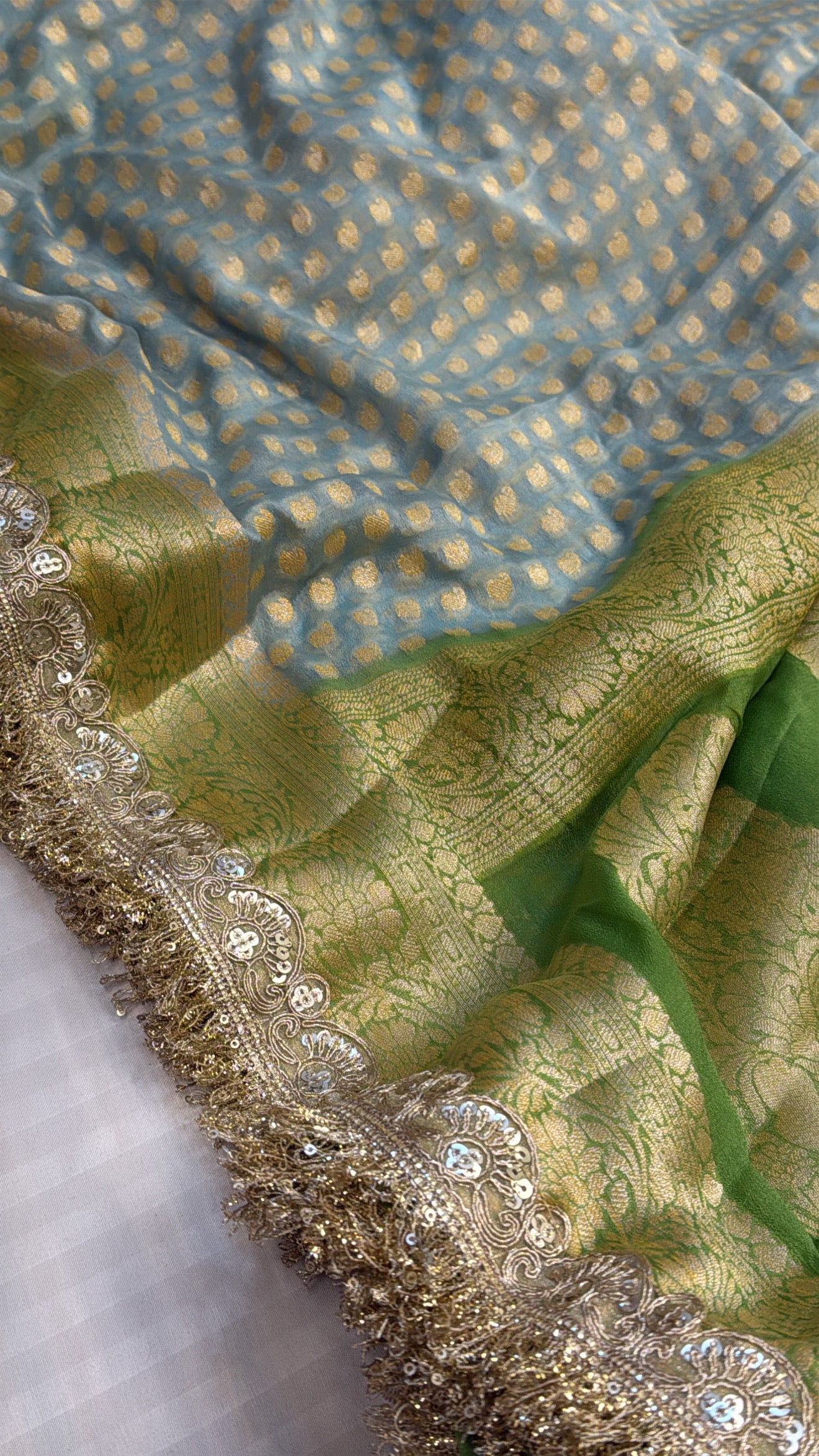 Banarasi chiffon gorgette chap dye contrast border kadhwa saree
