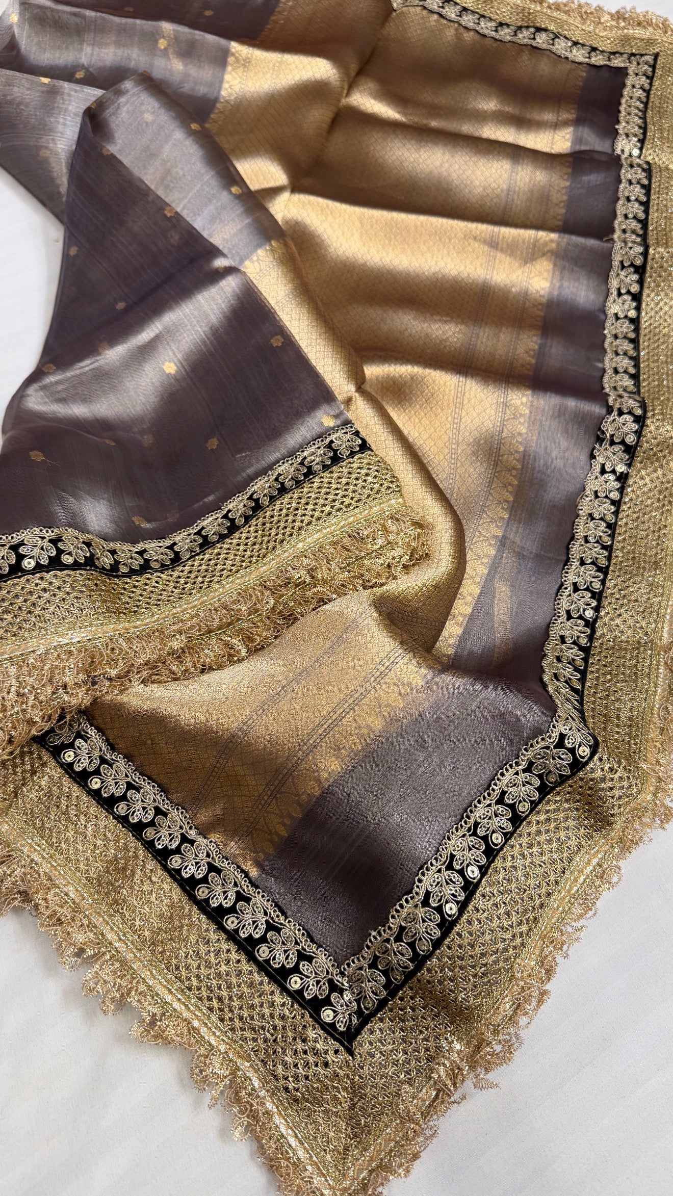 Maharani steel grey tissue silk kadhwa buti saree