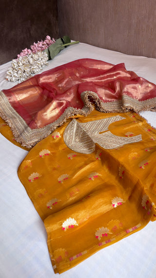 Heeramandi haldi yellow-rani pink contrast tissue silk suit set