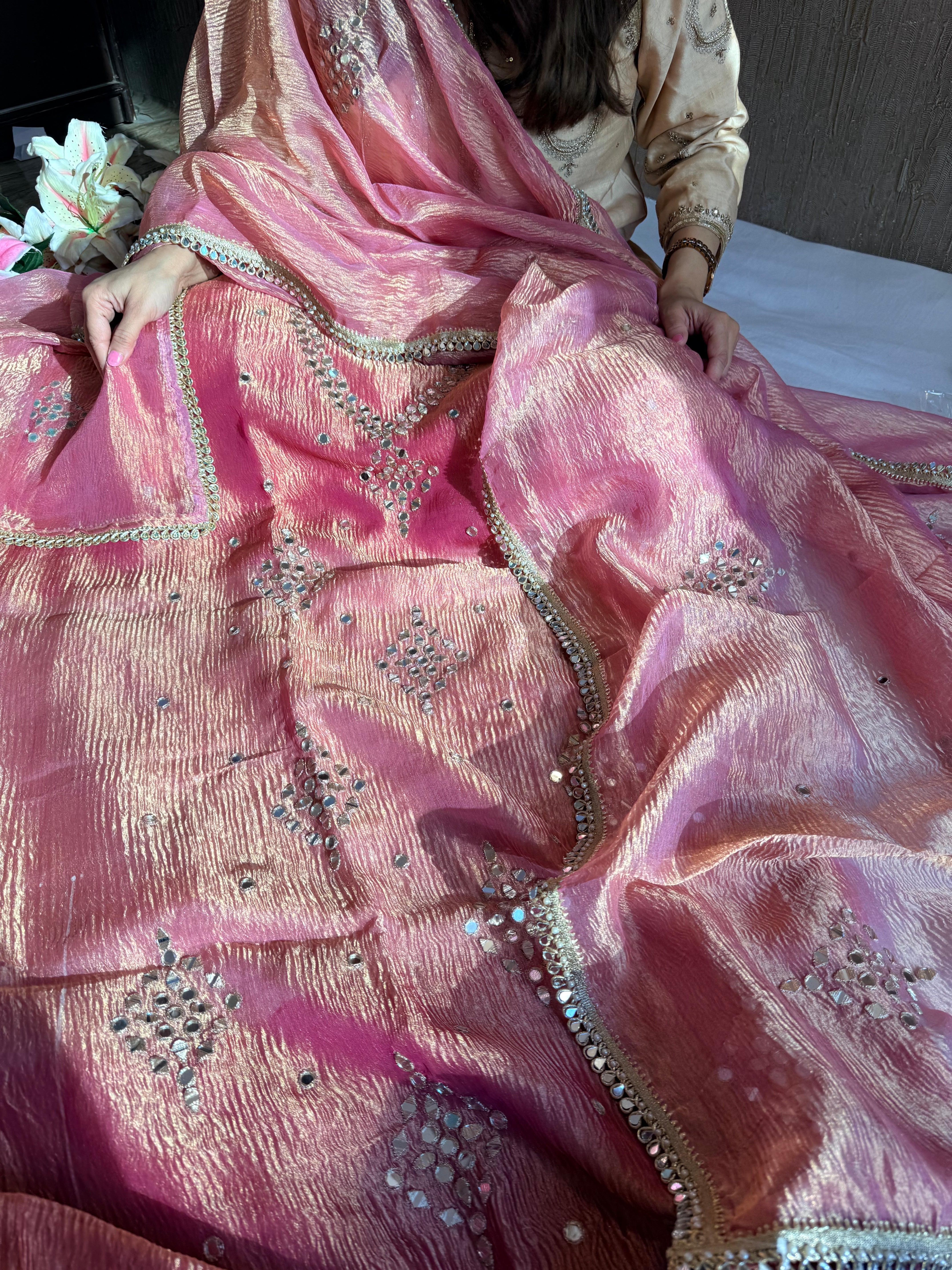 Banarasi tissue silk mirrorwork hand embroidered crushed suit sets