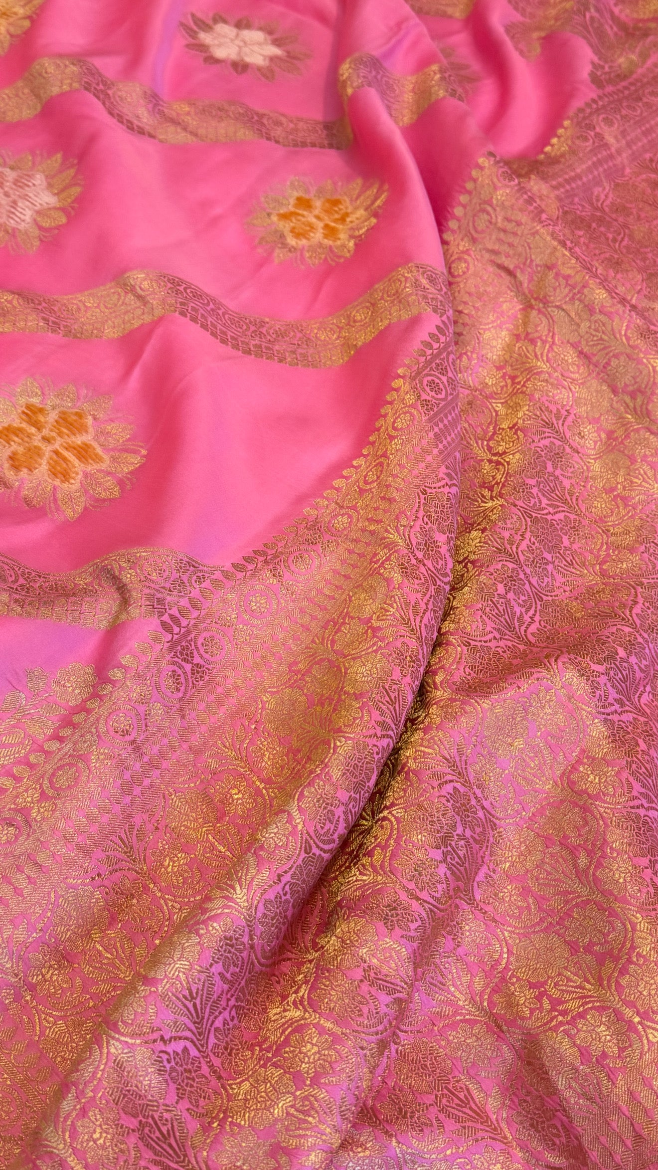 Neonish pink banarasi mashru silk velvet buti kadhwa weaving saree