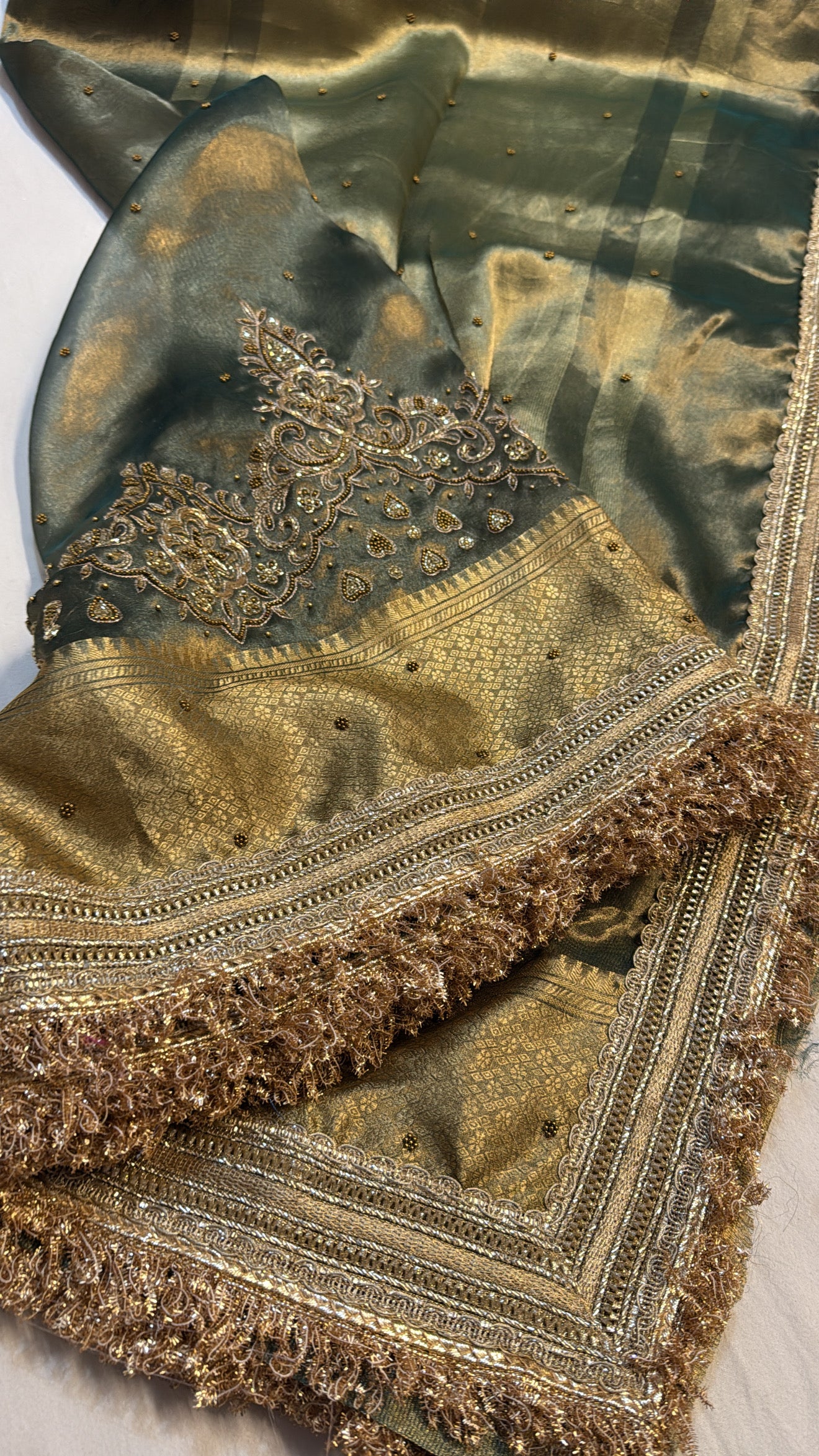 Bottle green tissue silk heavy embroidery kadhwa gotapatti saree