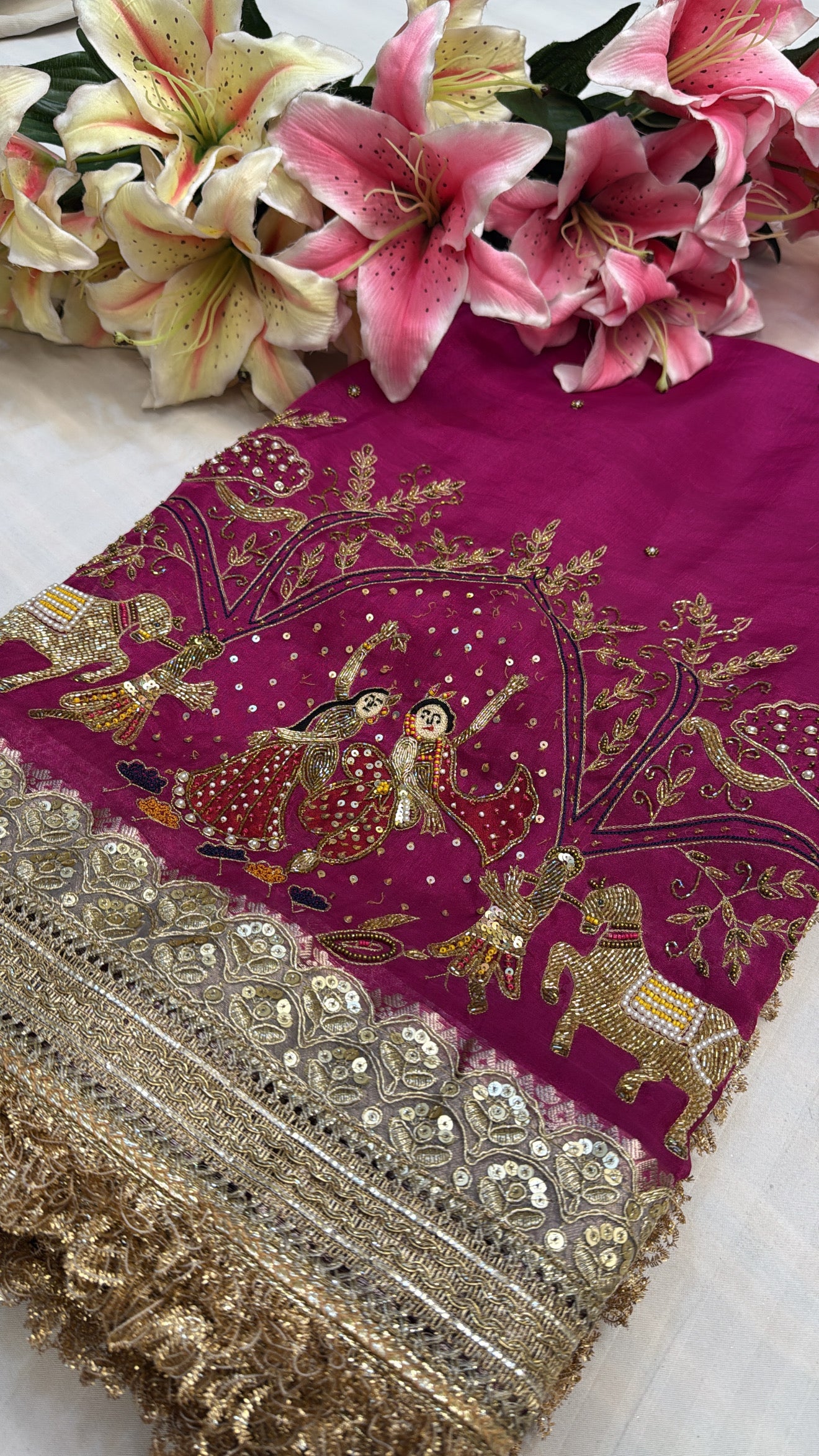 Hot pink rasleela tissue silk hand embroidered kadhwa saree