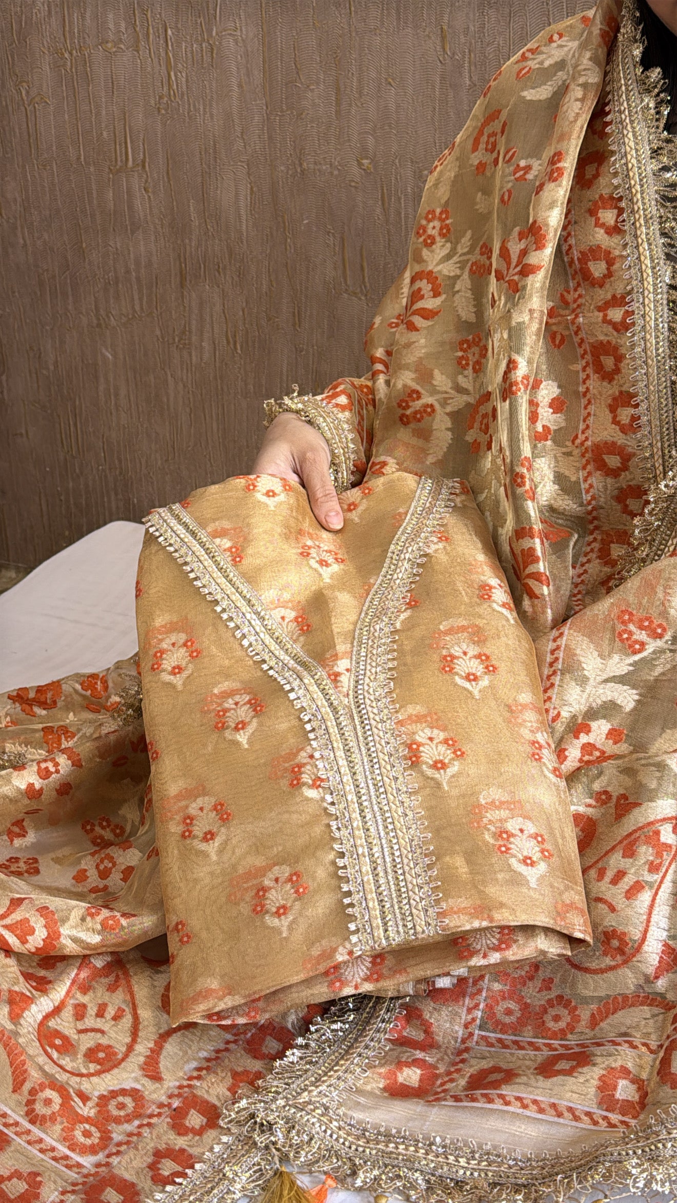 Vivah edit - Golden tissue silk jamdani meenakari hand embroidered suits