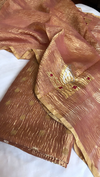 Pure banarasi peachish gold crushed tiisue silk kadhwa sona rupa meenedar buti three piece suit set