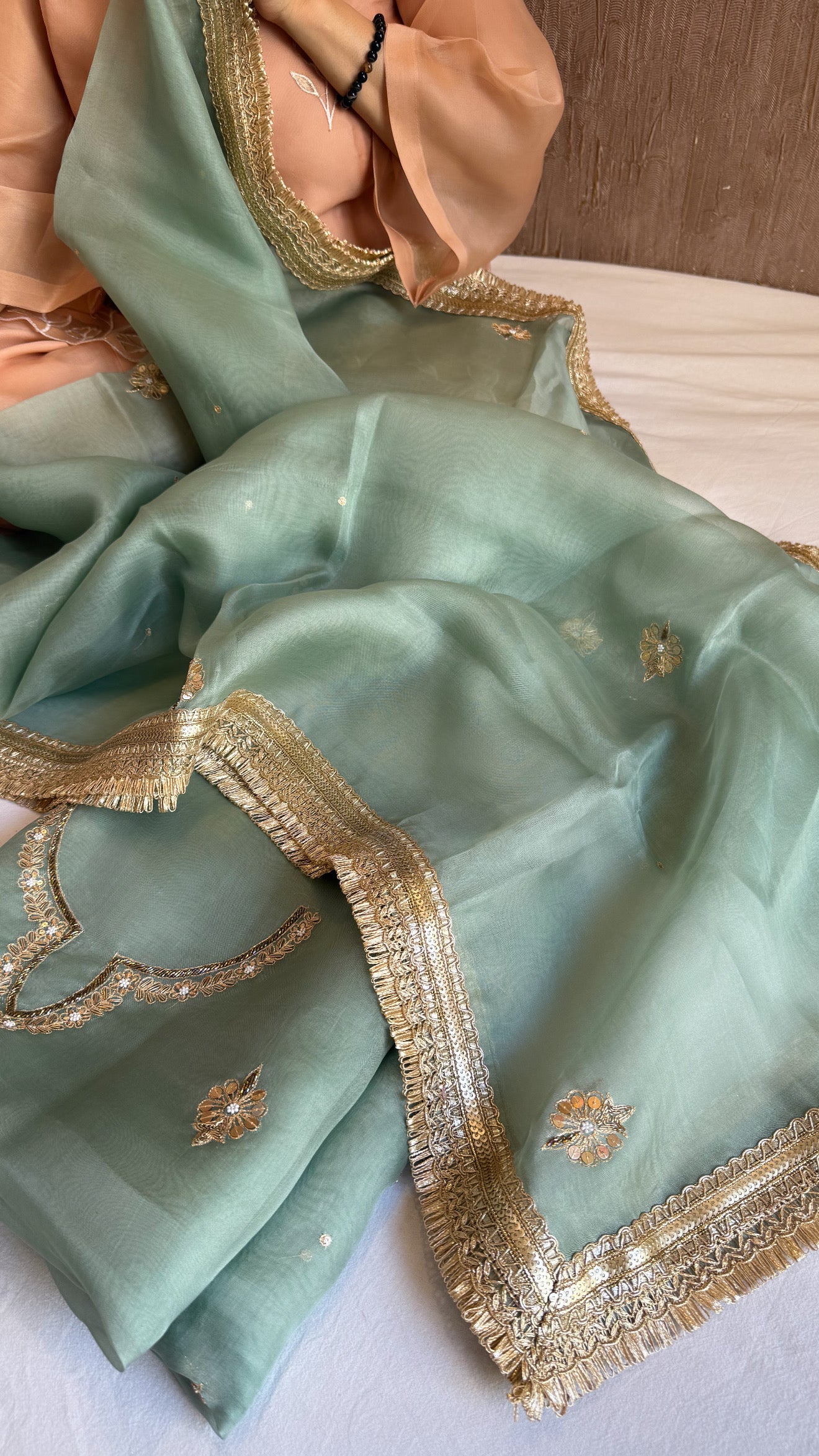 Aari and tilli hand embroidered kora silk teal green kadhwa suit set