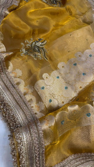 Cocktail wali saree - Gold yellow tissue silk heavy hand embroidered saree