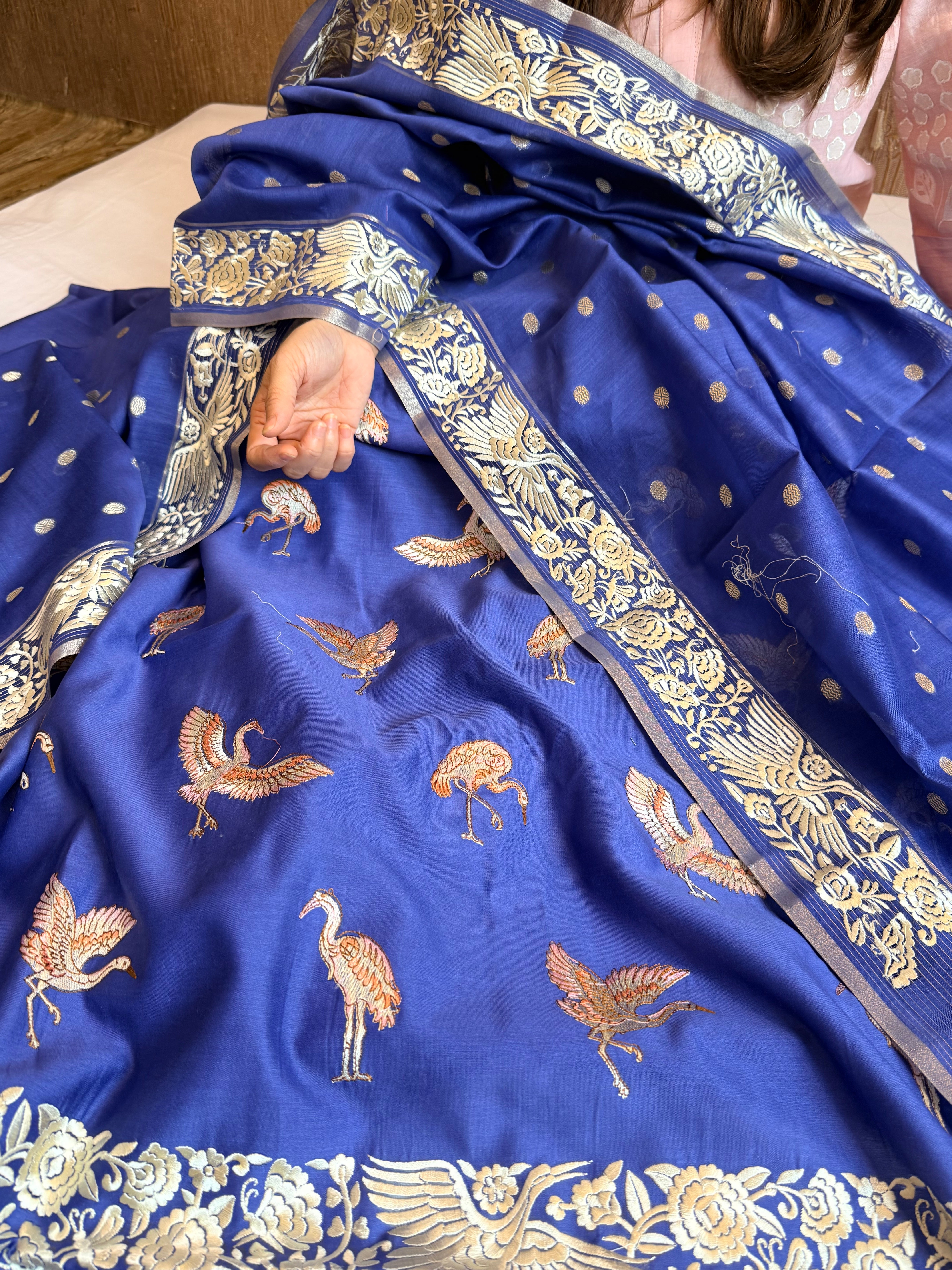 Mul chanderi cotton silk flamingo motif parsigara hand embroidery suit set
