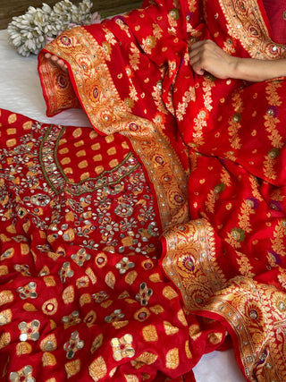 Heavy mirror work hand embroidered red kadhwa banarasi gorgette zari work suit sey