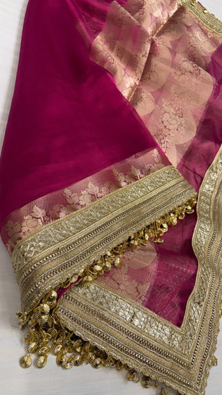 Maharani hot pink tissue silk kadhwa saree