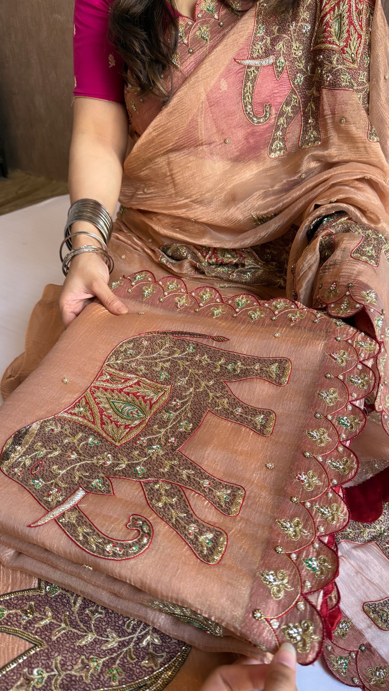 GajGamini crushed copper tissue silk elephant motif heavy hand embroidered meenakari work saree