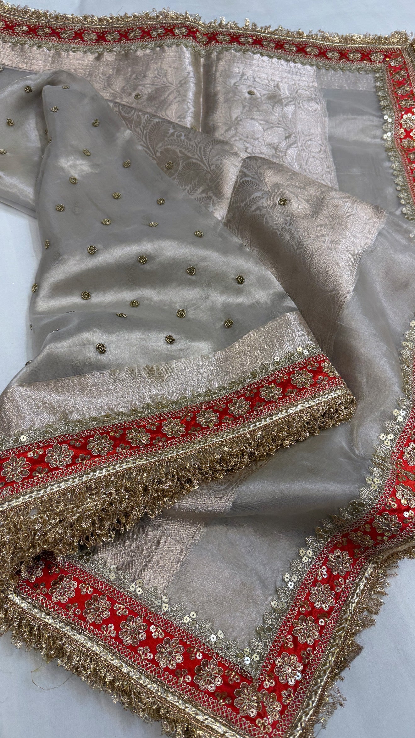 Diamond tissue silk chunri buti hand embroidered panetar saree