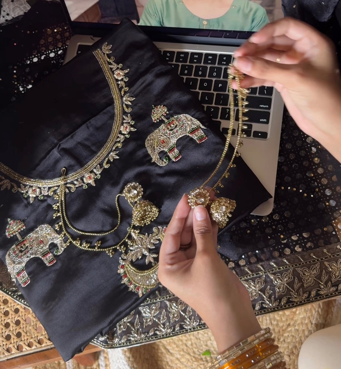 Black mashru silk elephant hand embroidery kurta with heavy hand embroidered duppata set