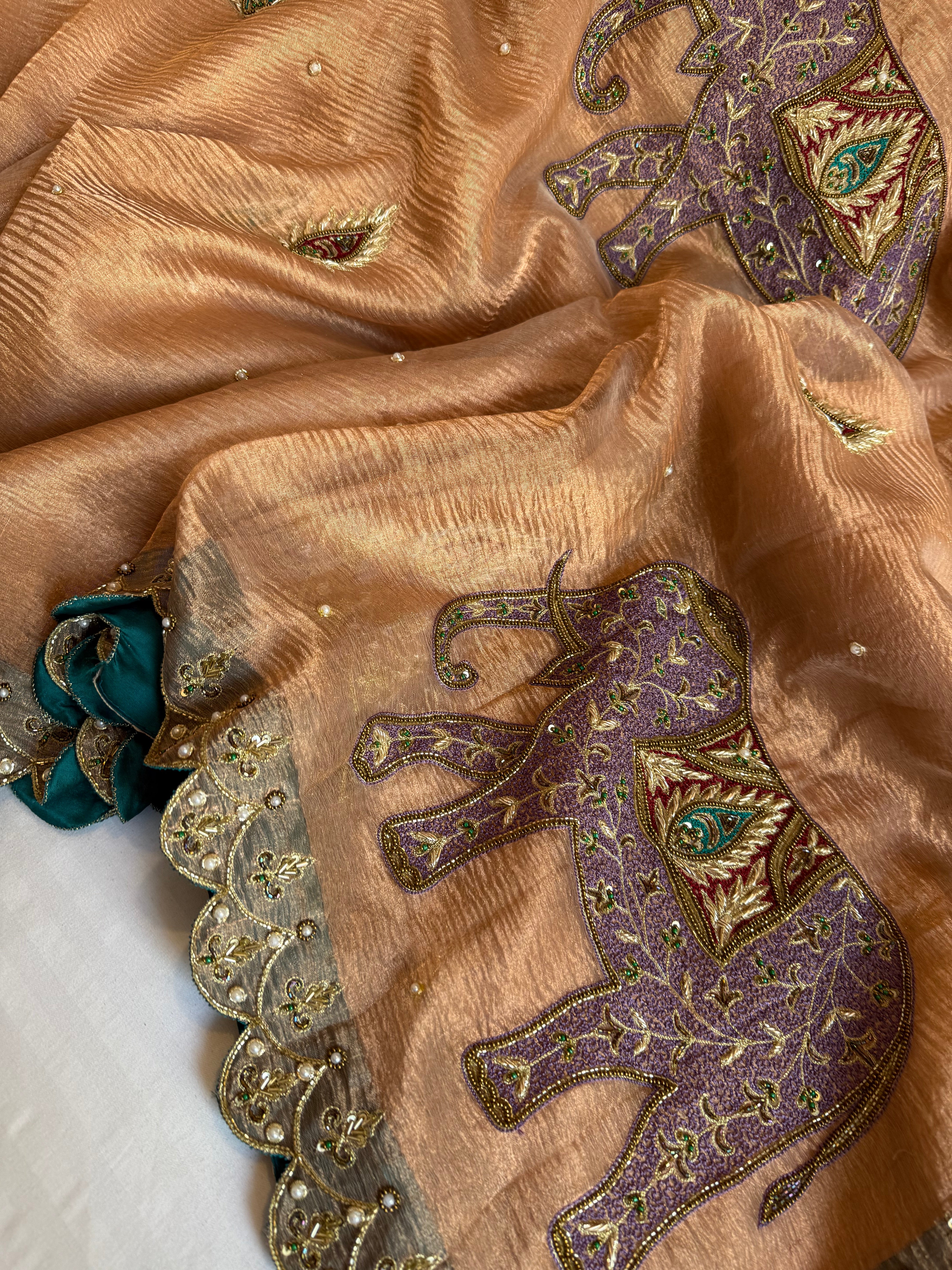 Gajgamini crushed copper tissue silk elephant meenakari motif heavy hand embroidered saree