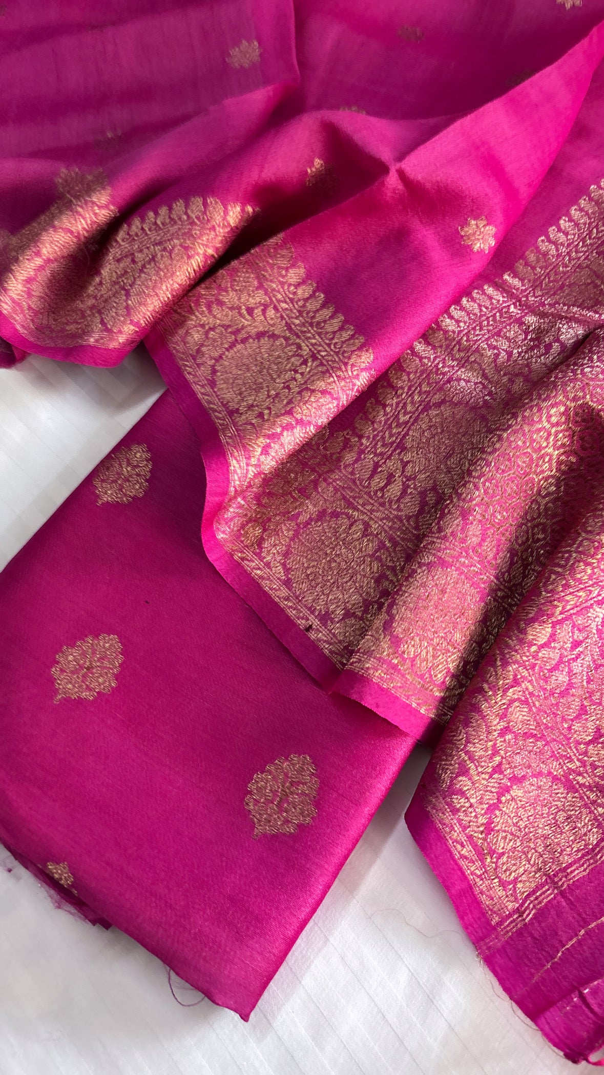 Banarasi tussar gorgette silk kadhwa hot pink suit set