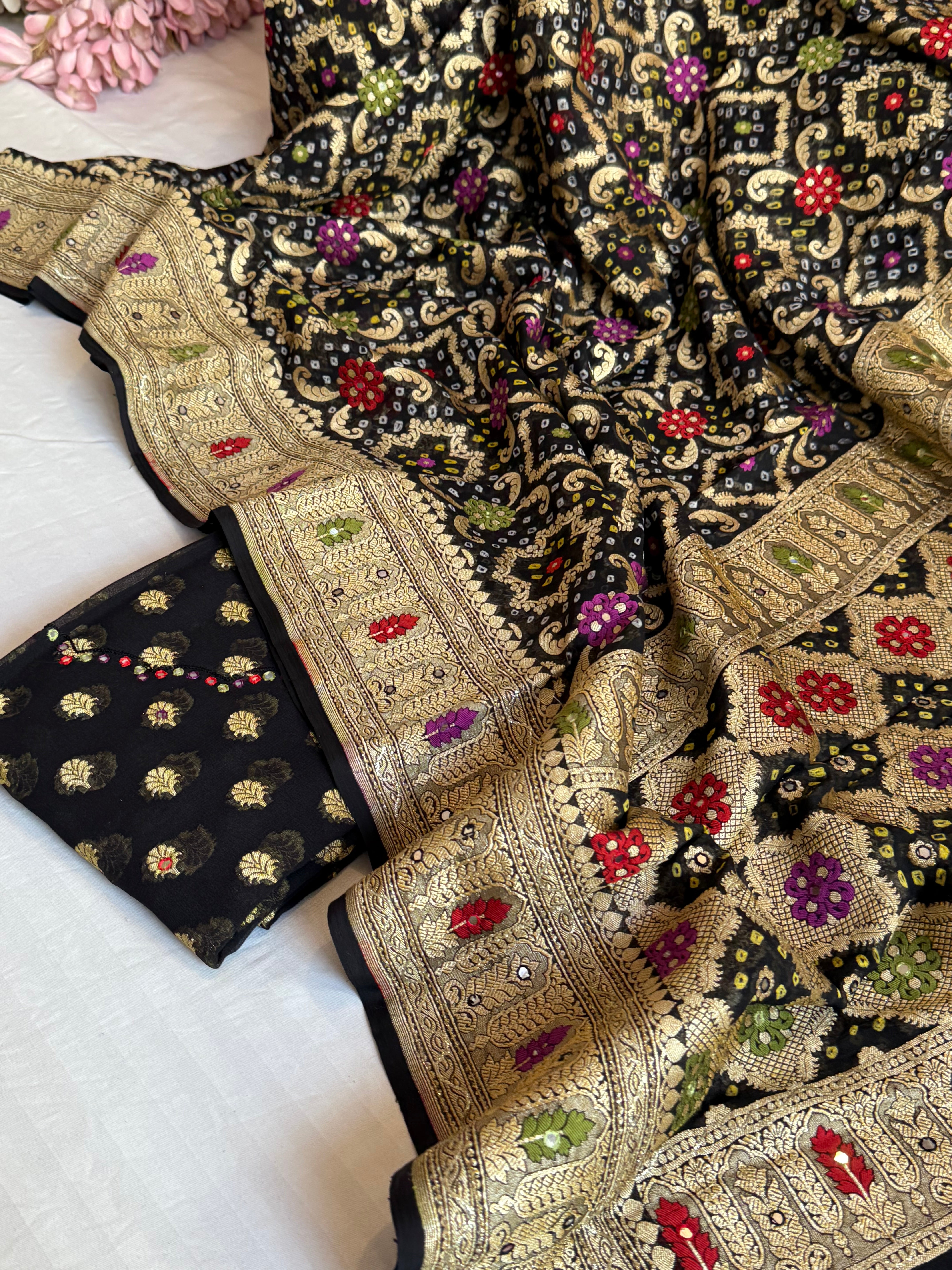 Mirror and dori work black banarasi gorgette kadhwa suit set