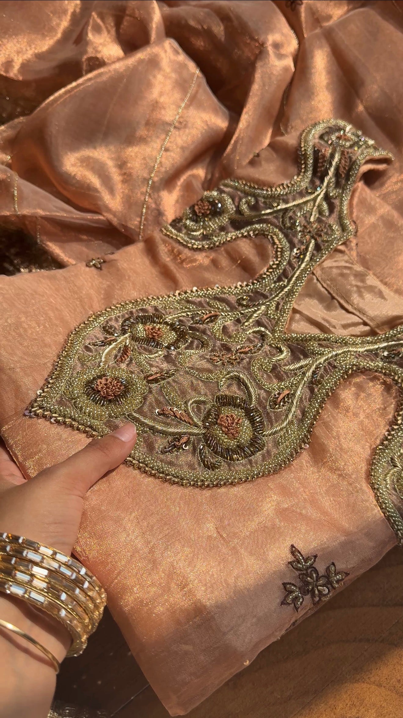 Pakeeza inspired copper tissue silk heavy zardozi work suit set