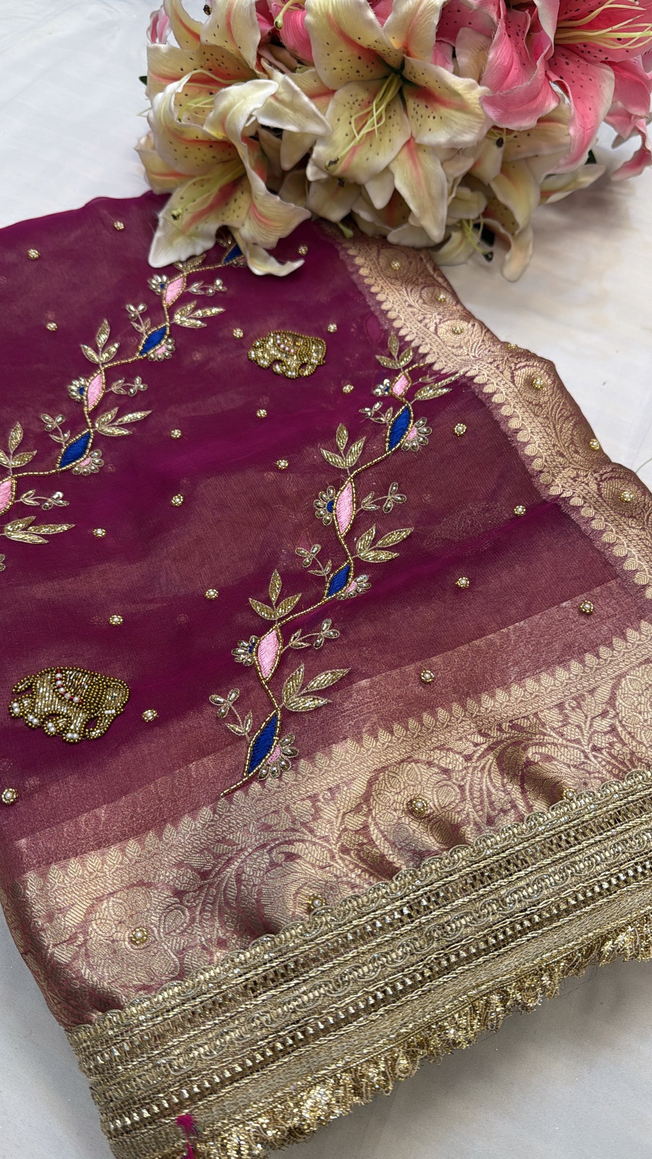 Grapewine purple elephant motif tissue silk hand embroidered kadhwa saree