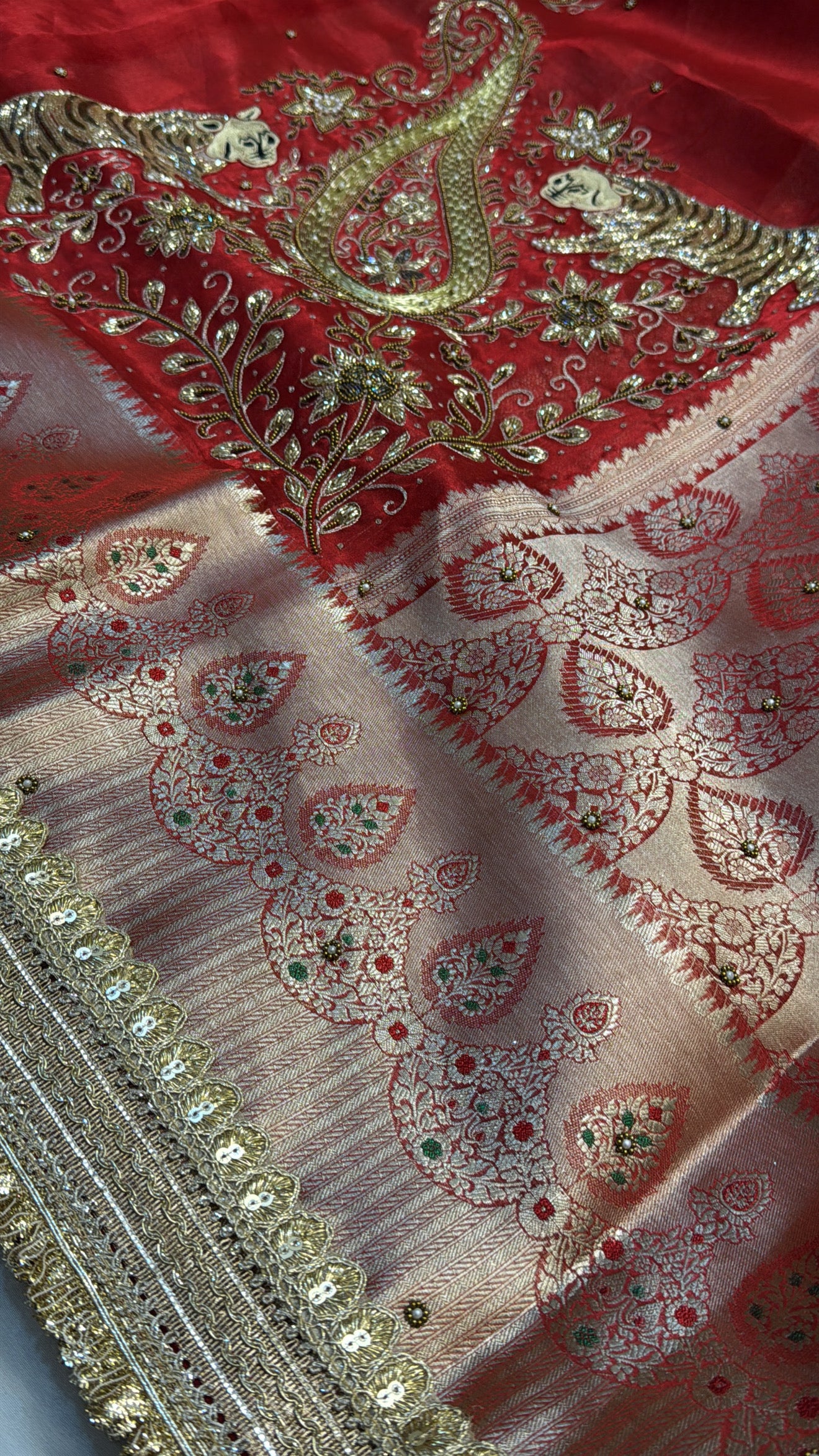 Dulhan ka joda husn red tissue silk hand embroidered saree
