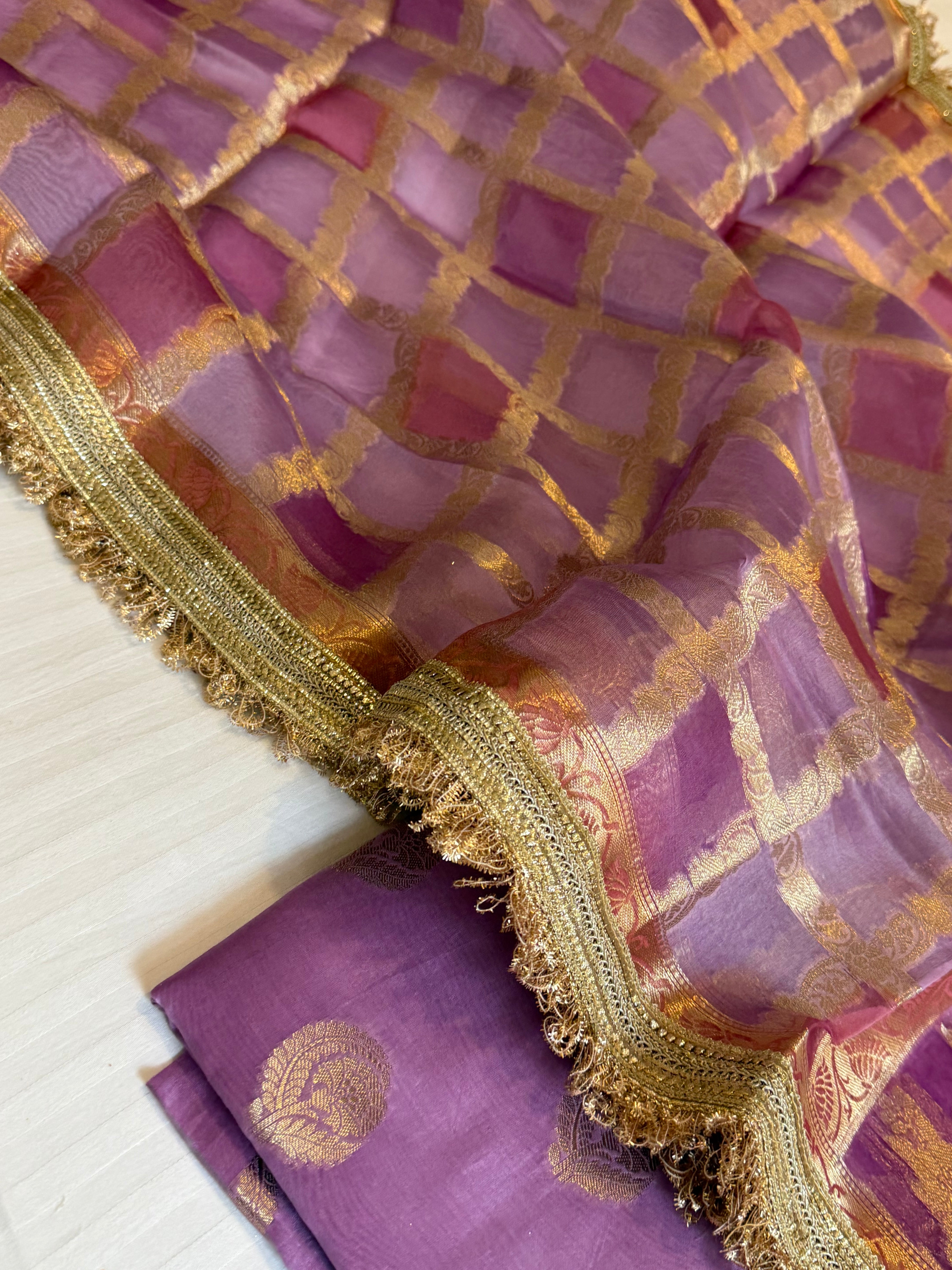 Shades of purple - Kora silk rangkaat kadhwa duppata paired with silk kurta set