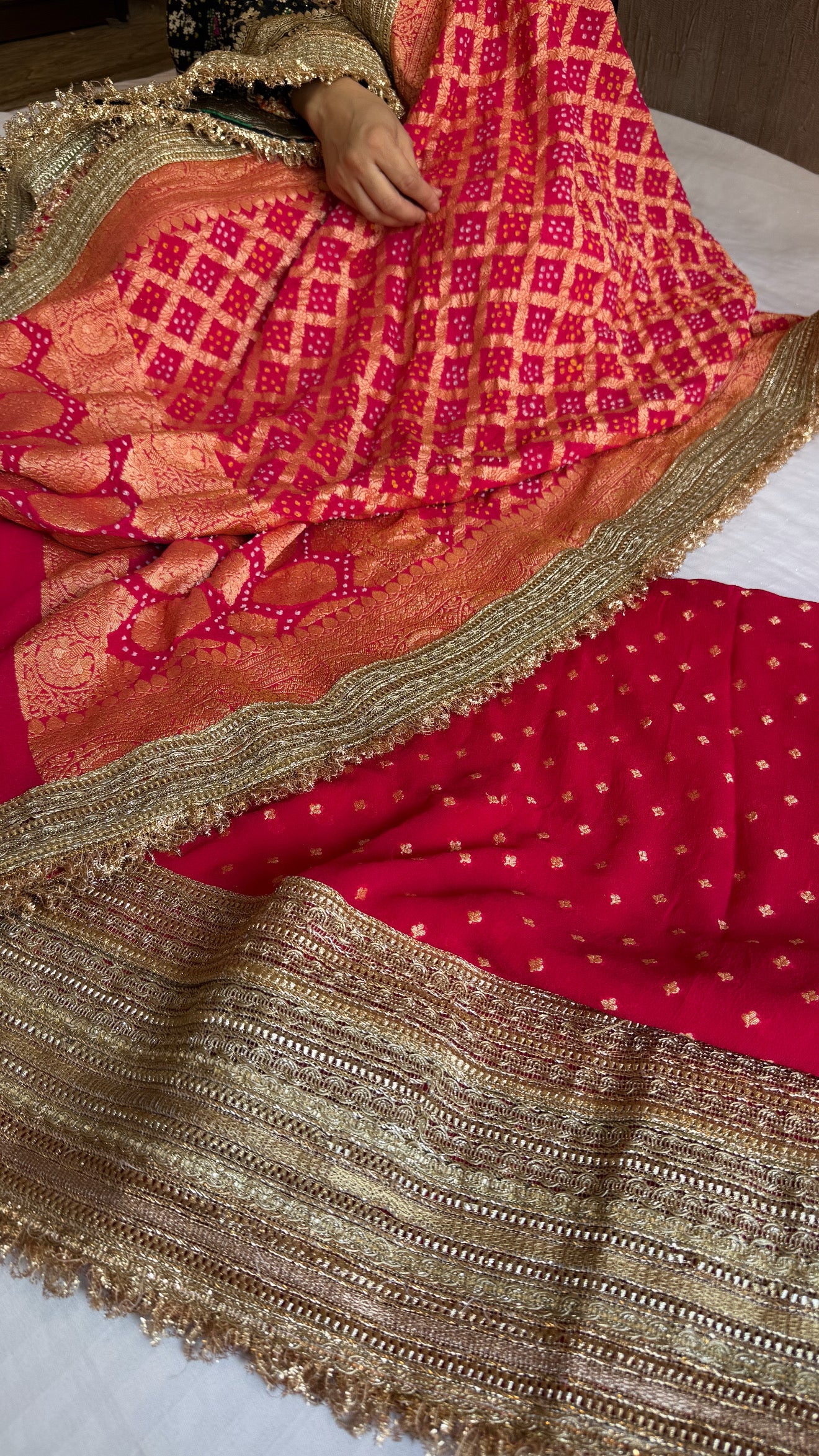 Strawberry pink rai banarasi bandhej gorgette kadhwa gotapatti suit set