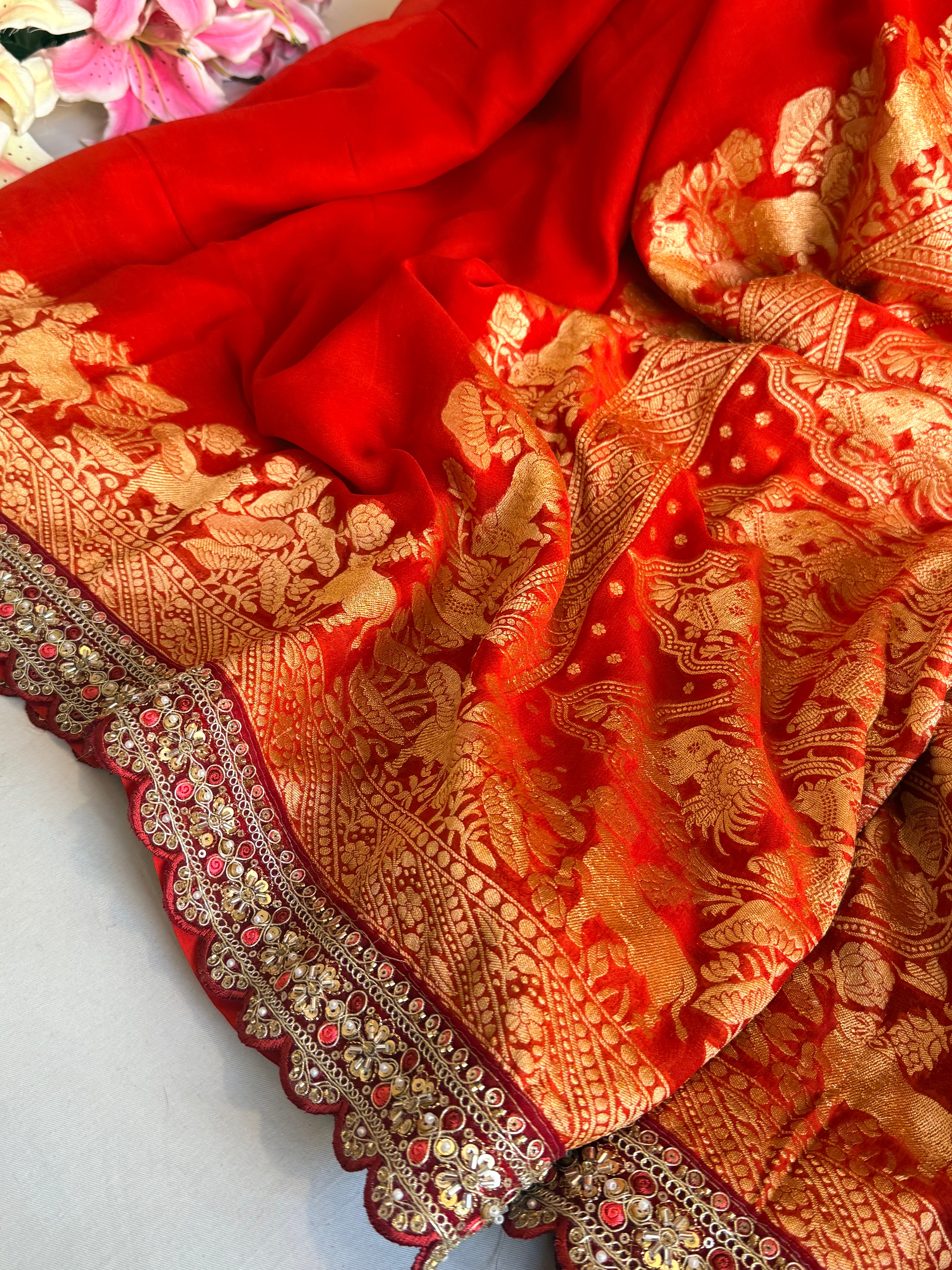Vermilion red shikargah kadhwa border chiffon gorgette banarasi saree